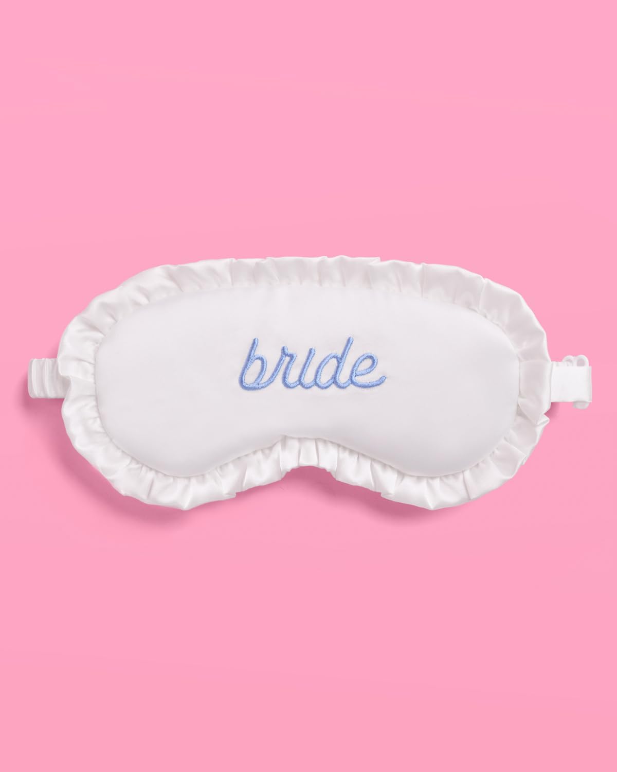 xo, Fetti Ruffled Bride Sleep Mask, White Satin + Blue Embroidery | Bachelorette Party Decorations, Bridal Shower Accessory, Bride to Be Party Favor, Bridesmaid Gift