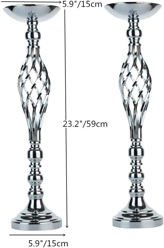 LANLONG 2pcs Metal Silver Candle Holders Road Lead Table Centerpiece Stand Pillar Candlestick for Wedding Candelabra Flowers Vases