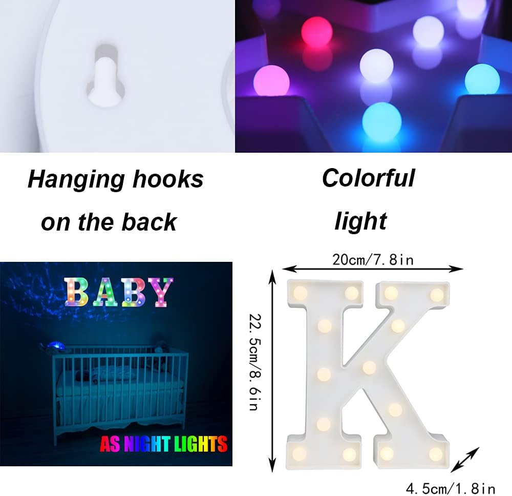 Light Up Colorful LED Marquee Letter lights, 18 Colors Changing Alphabet Letters Sign with Remote Timer for Night Light Girls Bedroom Wedding Birthday Party Lamp Christmas Home Bar Decor- Colorful K