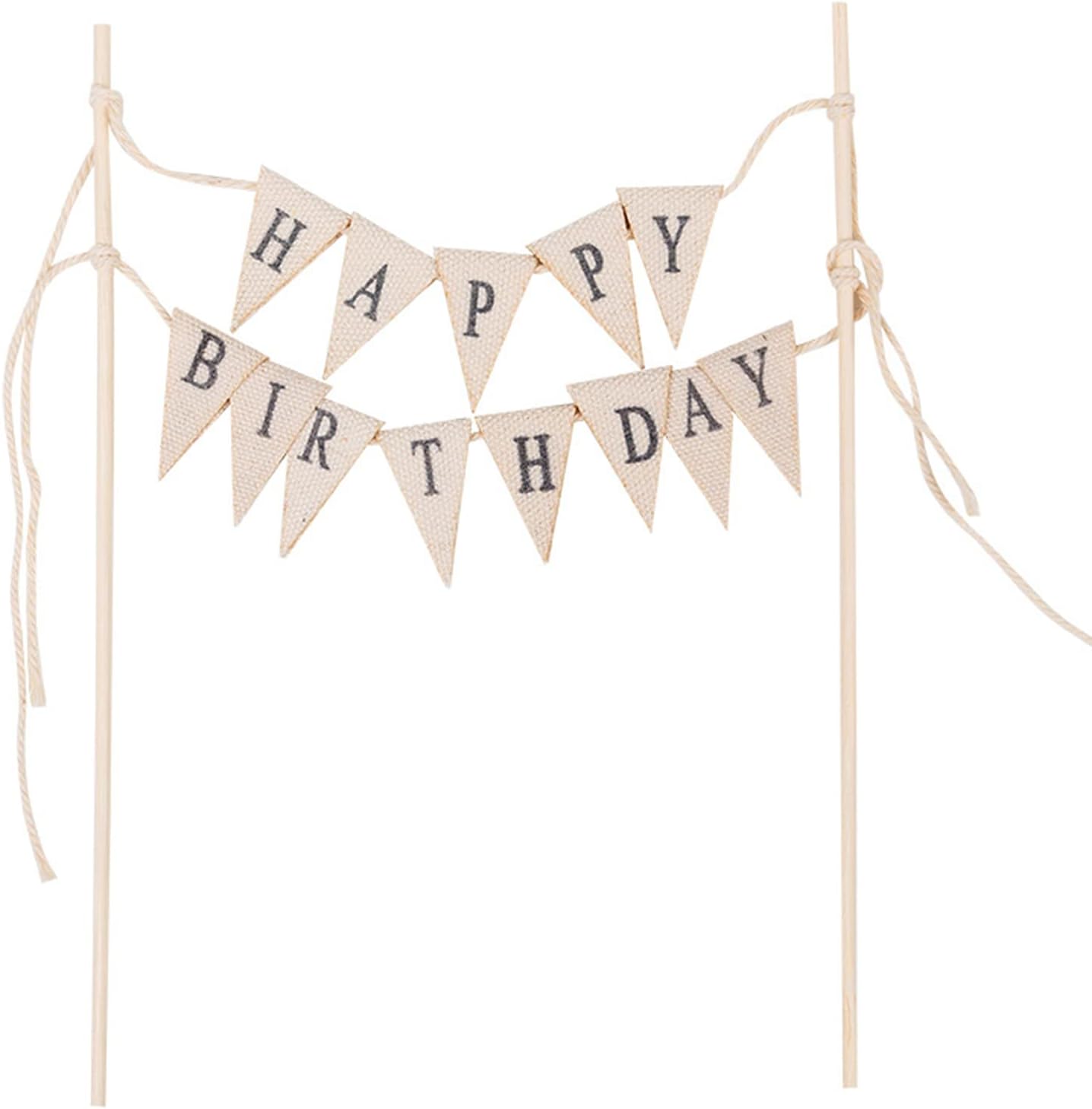 Happy Birthday Cake Bunting Topper Cake Topper Garland, Handmade Pennant Flags with Wood Pole Ivory (Without Pink Rose)