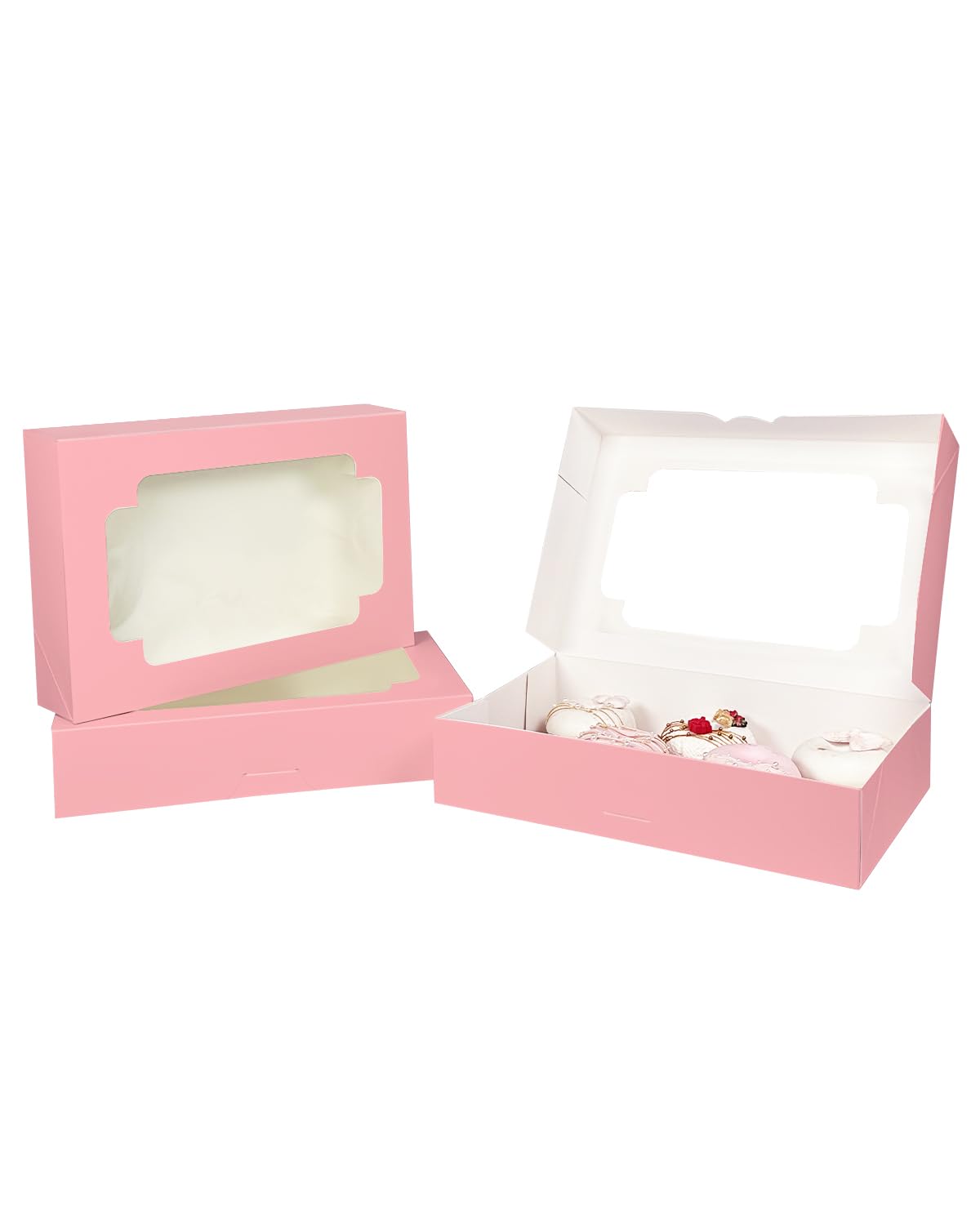 qiqee Auto-pop up Pink Cookie Box with Window 12x8x2.5 inch 32 Packs Two Uses One Second Folding Pastry Biscuit Bakery Box for Packaging