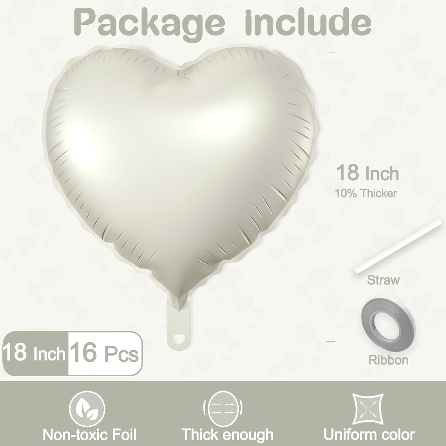 16 Pcs Heart Balloons, 18 White Sand Inch Love Heart Shaped Foil Balloons for Wedding Anniversary Birthday Party Valentine Decorations Baby Shower Bridal Shower Engagement Decorations Supplies