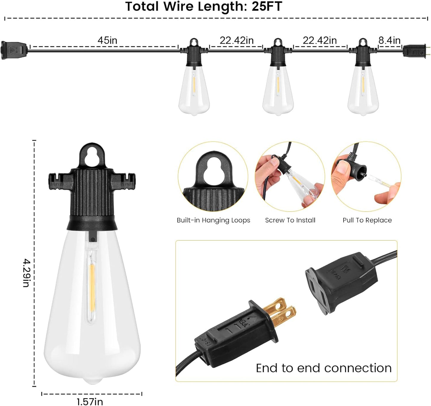 25ft Outdoor String Lights, LED Patio Hanging With 12 Shatterproof Bulbs, Waterproof ETL Listed Bistro for Backyard Garden Cafe