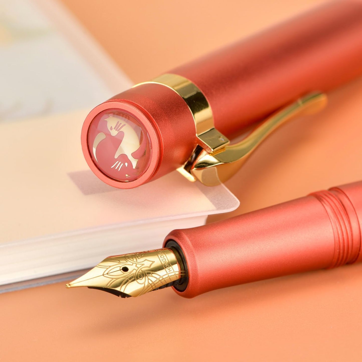 Hongdian M2 Mini Fountain Pen with Bent Nib, Sleek Shape Aluminium Short Pocket Travel Pen (Orange Red)