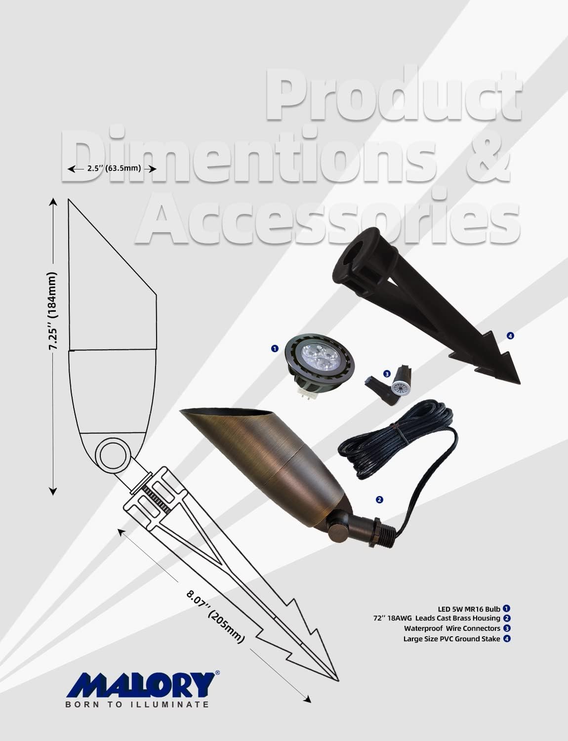 MALORY Solid Brass Landscape Spotlight 1-Pack with Bulb(S06), Low Voltage Front and Backyard Landscape Lighting with Large Rugged Slot Spike & Wire Connector,12V AC/DC Garden Patio Spot Up Light