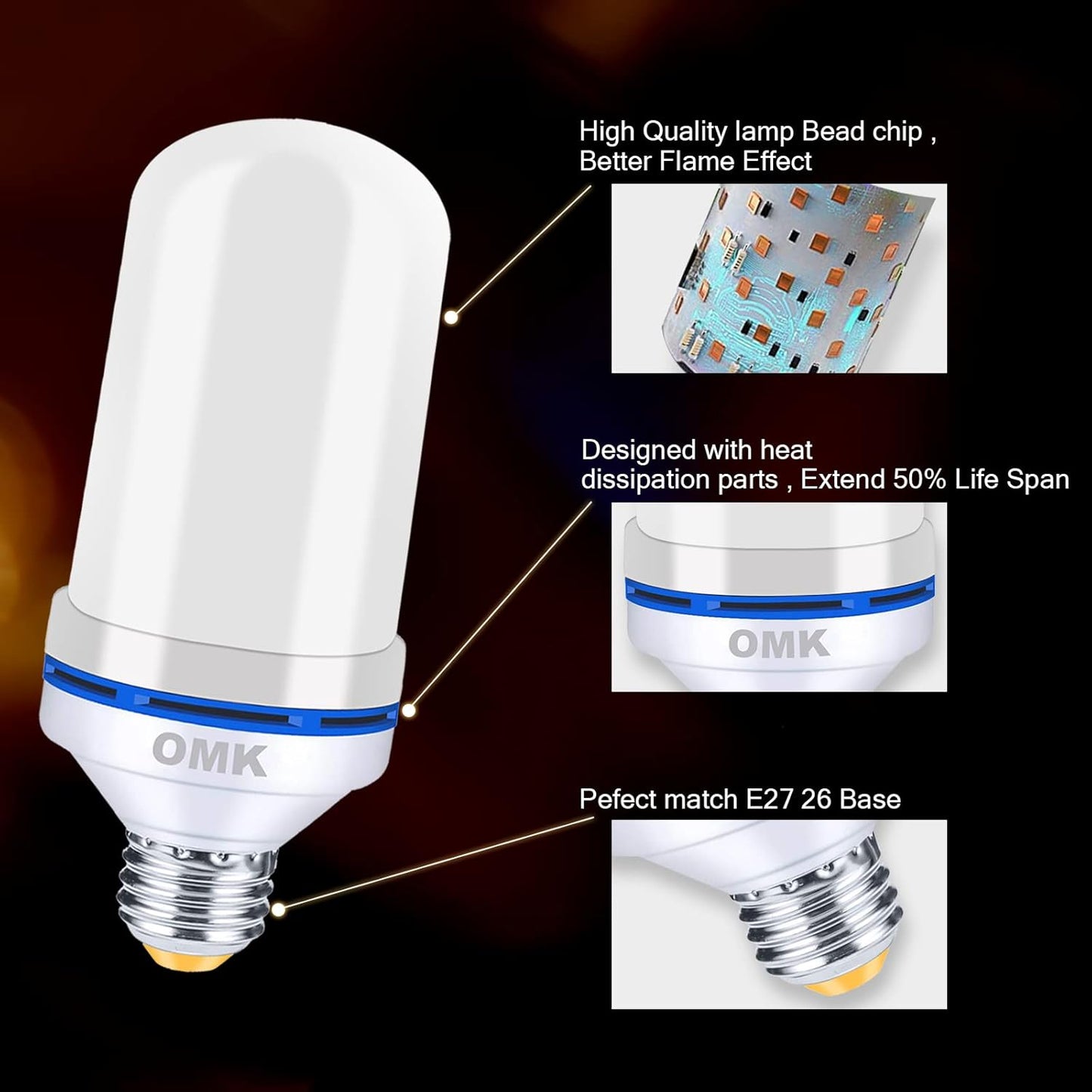 OMK 4 Pack Flickering Light Bulbs - Sunlight LED Flame Effect Light Bulbs with 4 Modes for Indoor/Outdoor Decor & Holiday Gifts