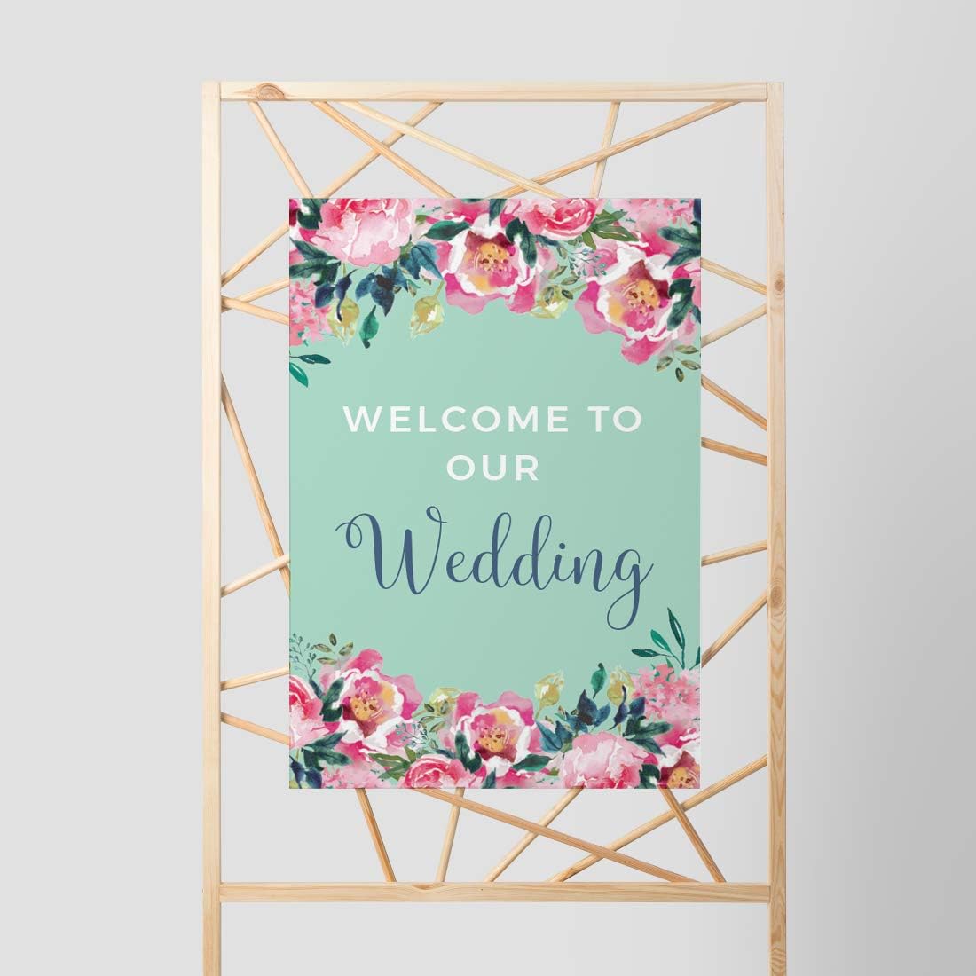 Andaz Press Extra Large Wedding Easel Board Party Sign, 12x18-inch, Tea Party Pink Peonies on Mint Green, Welcome to Our Wedding, 1-Pack