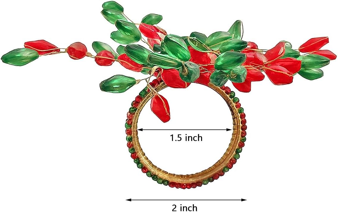 Handcrafted Beaded Napkin Rings Set of 6 – Red & Green Crystal Flower Design, Elegant Table Décor for Christmas, Weddings & Dinner Parties