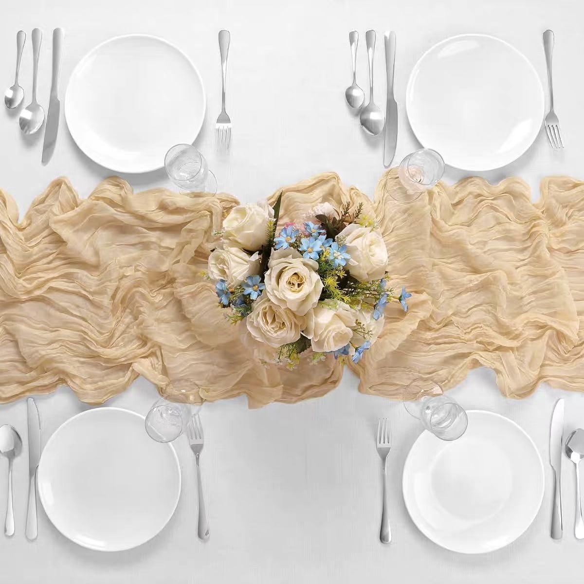 6 Pack Beige Cheesecloth Table Runner 21x120 Inch Boho Wrinkled Sheer Romantic Gauze Decor for Wedding, Bridal Shower, Birthday Party