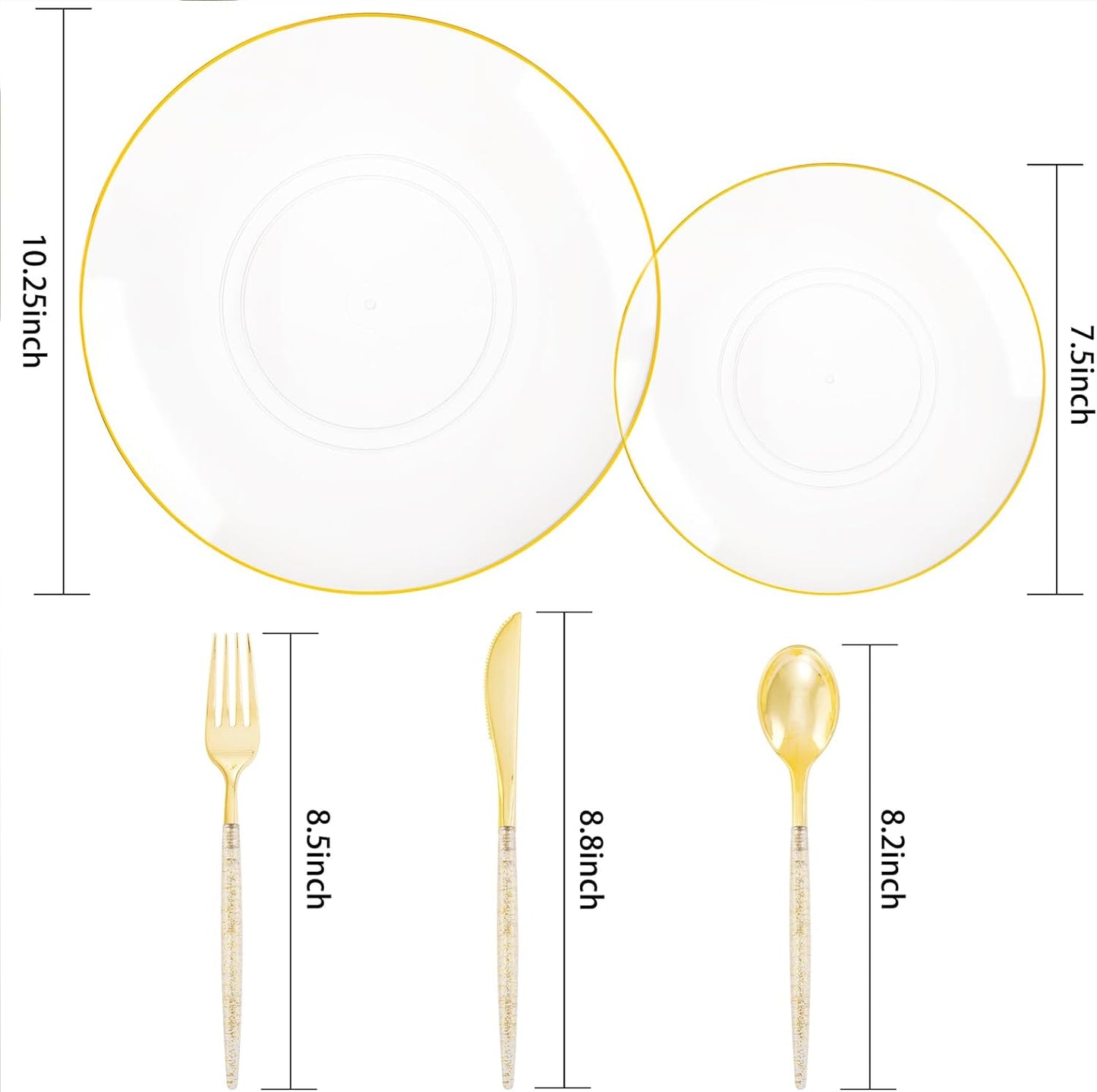 Liacere 150PCS Clear Gold Plastic Plates - Gold Plastic Silverware with Glitter Handle - Clear Disposable Plates Include 30 Guests Plates, Forks, Spoons, Knives for Wedding & Party&Chrismas