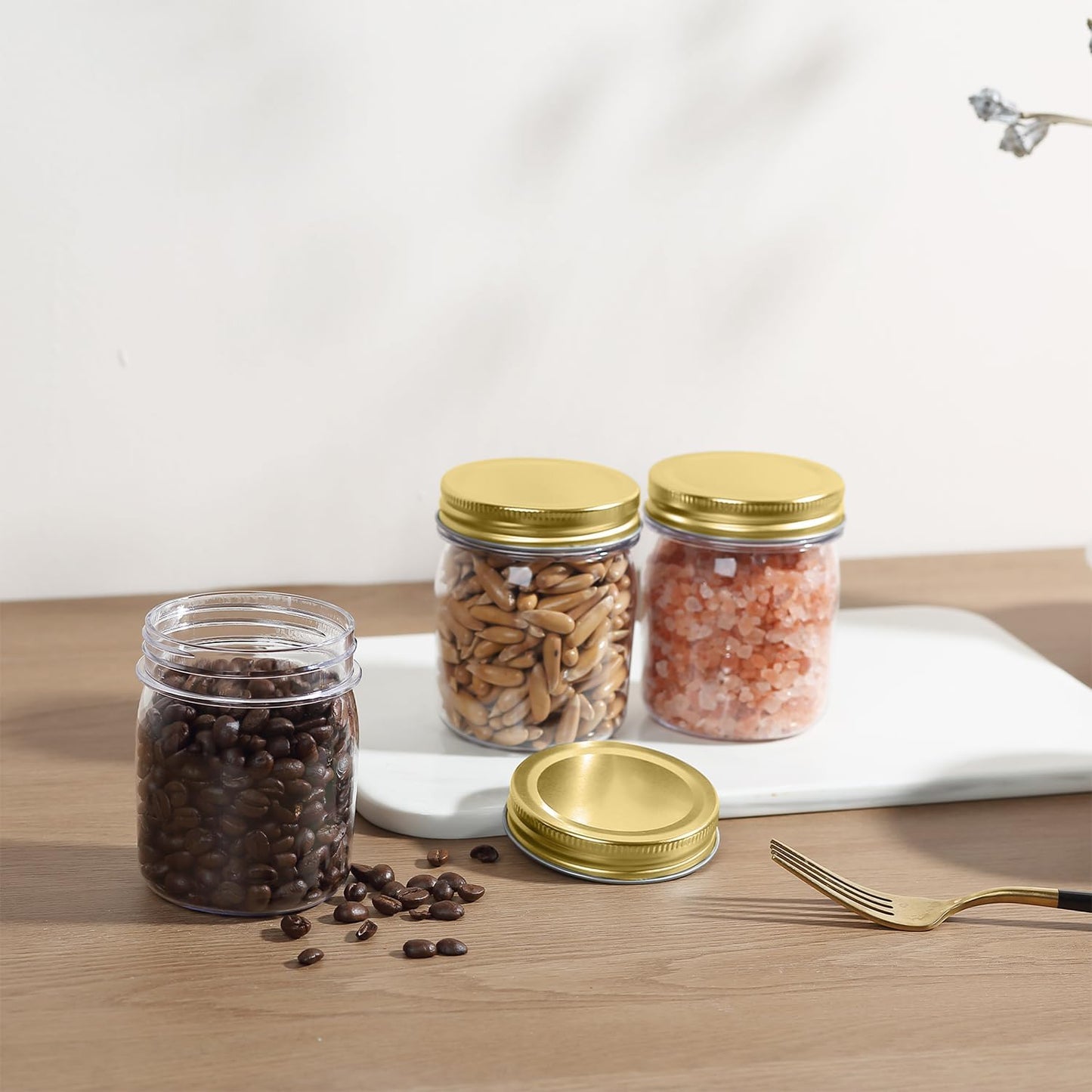 novelinks 8 oz Clear Plastic Jars with Screw-On Lids - BPA-Free Refillable Storage Containers for Slime, Spices, Crafts, Kitchen & Home Organization (16 Pack,Gold)