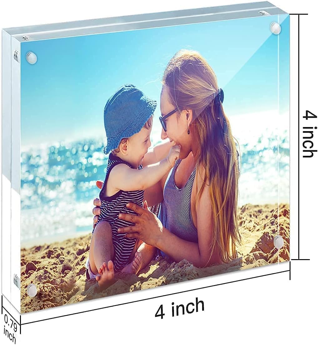 HELPLEX Acrylic Frame, 5 Pack 4x4 Inch Picture Frames, 20mm Thicker Frameless Clear Double Sided Magnetic Free Standing Desktop Display Stand