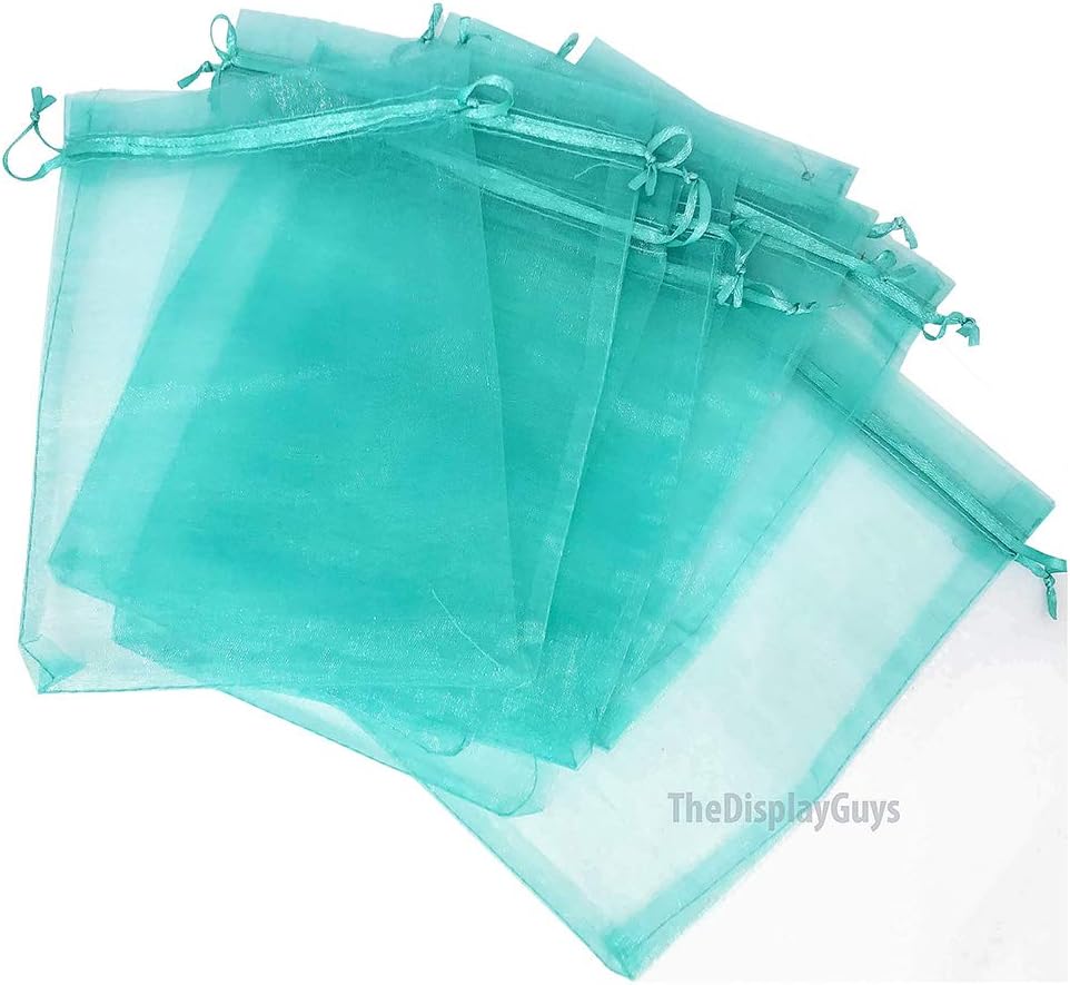 TheDisplayGuys 48-Pack 2" x 2-3/4" Teal Sheer Organza Gift Bags with Drawstring, Jewelry Candy Treat Wedding Party Favors Mesh Pouch