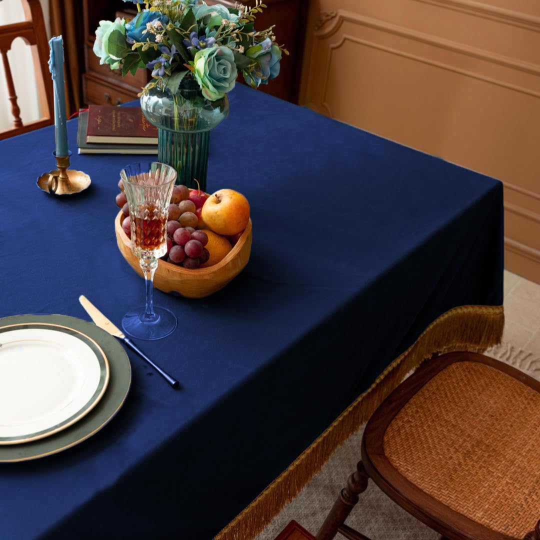 F-CHU Blue Tablecloth Thickset Velvet Tablecloth with Beautiful Gold Tassels Vintage Table Cloth for Home Decor Wedding, Party, Banquet and Events 60x86-Inch