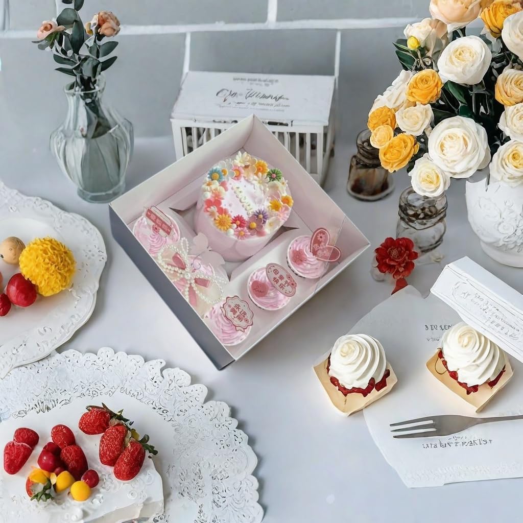 Bento Cake and Cupcake Box 4-inch Cake and 5 Cupcakes Box Full Clear Cover 5 Sets for Family Dinner Birthday Party Picnic Gift