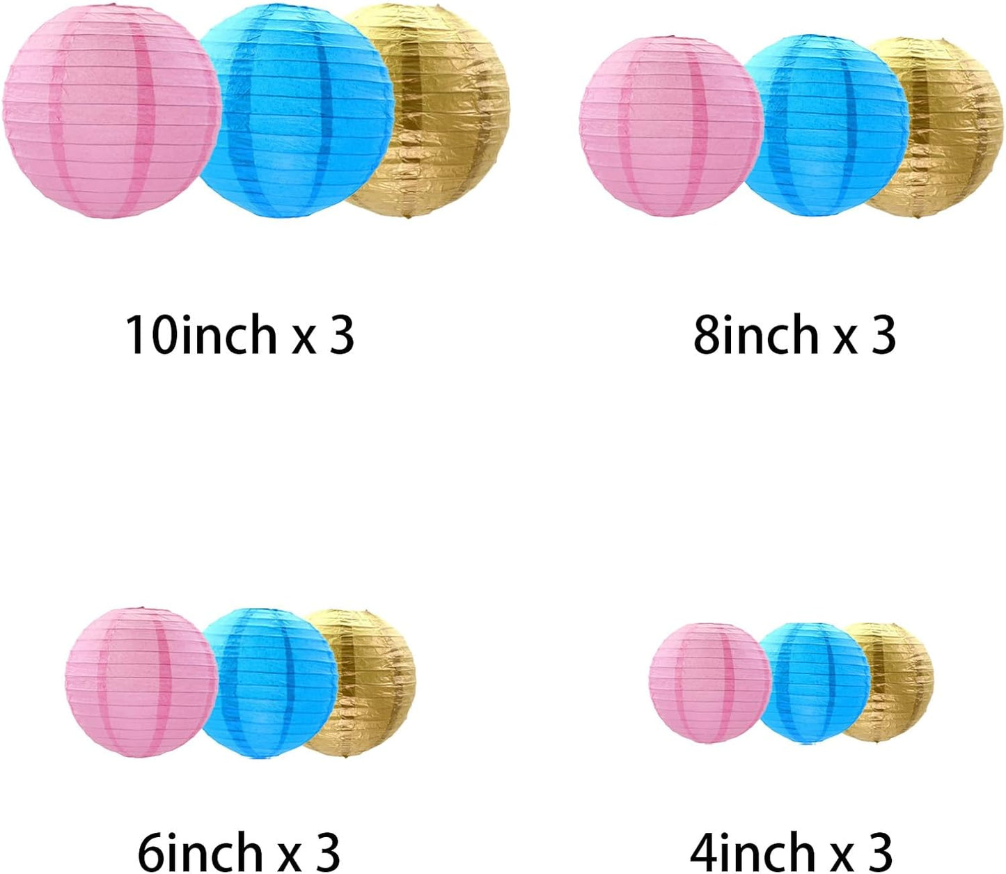 Tim&Lin Gender Reveal Decorations Paper Lanterns, Pink Blue Gold Paper Lanterns Decorative, Chinese/Japanese Hanging Round Paper Lanterns Decorations for Baby Shower, Birthday (12 PCS), PL-231012-005