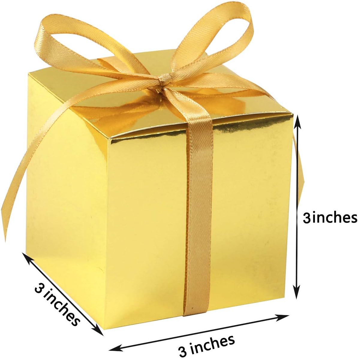 COTOPHER 60pcs Wedding Favor Boxes, Paper Gift Boxes 3x3x3 Inches Small Gift Boxes with Ribbons Small Boxes for Gifts, Crafting, Cupcake, Candy, Bridesmaid Proposal Boxes (Metallic Gold)