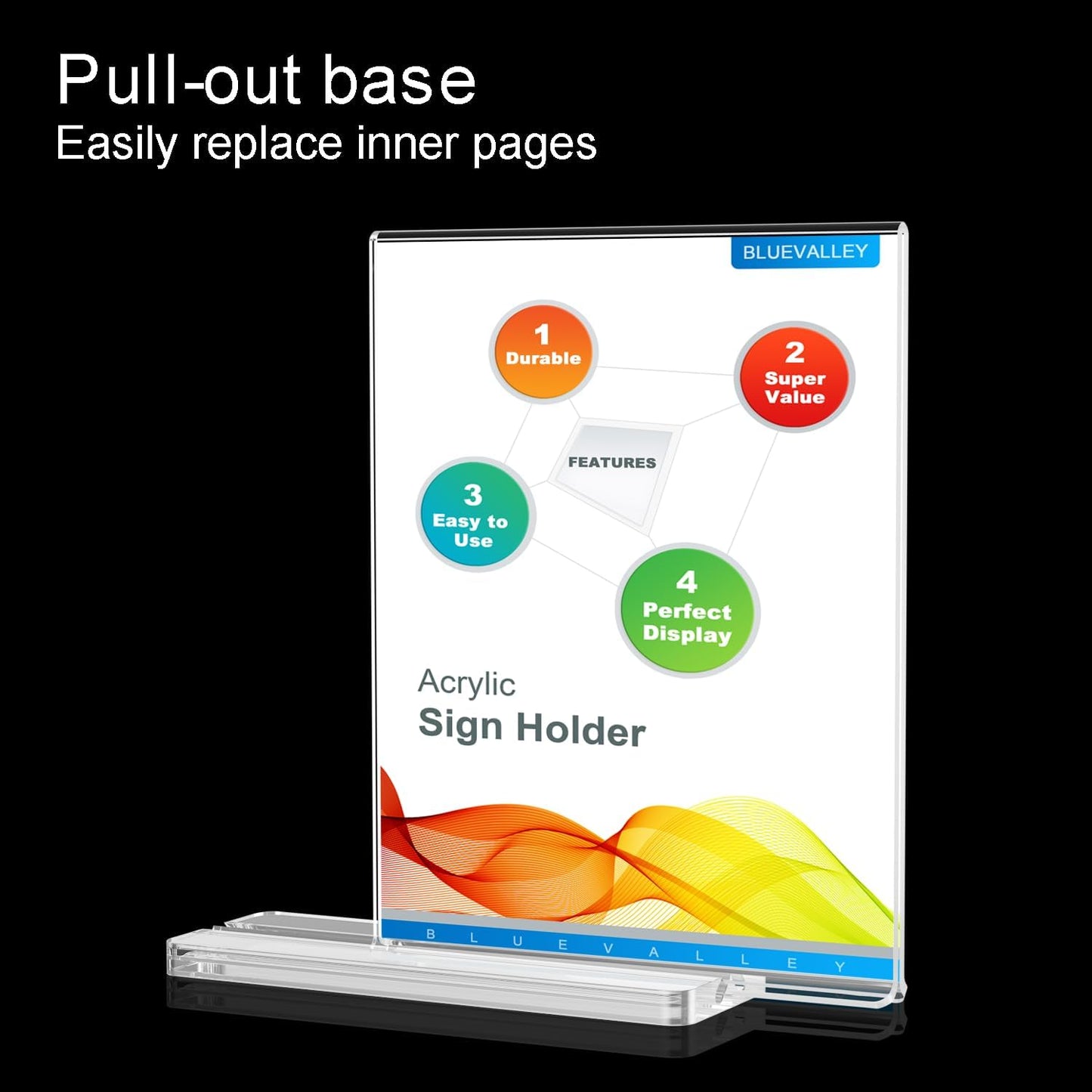 BlueValley Acrylic Sign Holder 8.5x11 Vertical - 12 Pack Double Sided Clear Plastic Table top Paper Display Stand for Menu, Flyer, Document, Poster - Standing Sign Holder for Office, Retail, Catering, Show Fair