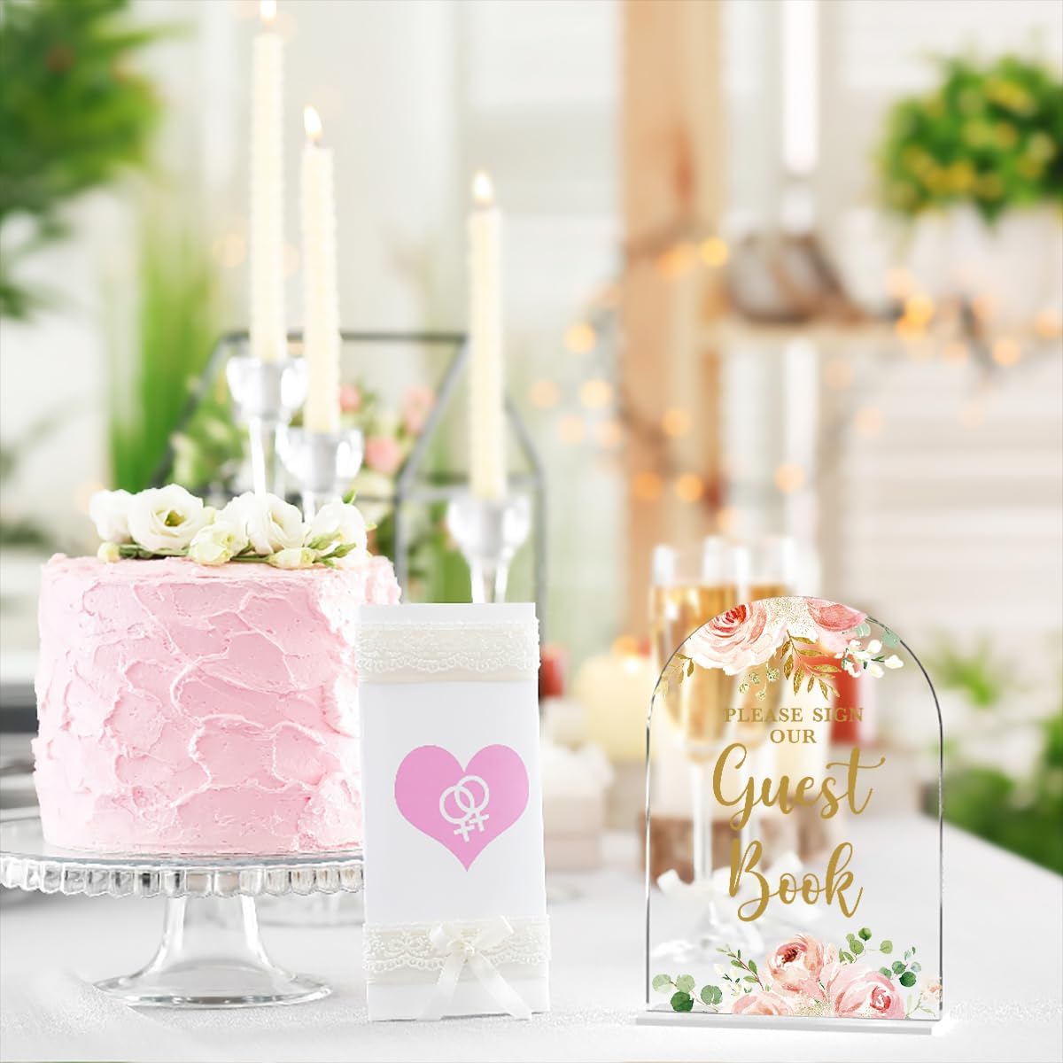 Acrylic Wedding Signs, Bridal Shower Decorations, Please Sign Our Guestbook Signs for Reception, Modern Calligraphy Arch Acrylic Table Top Sign for Wedding Reception (Clear Pink Flowers)