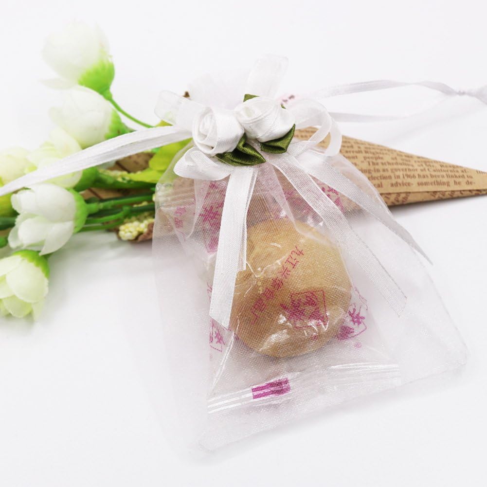 SumDirect Rose Organza Gift Bags - 50Pcs 4x5 inch White Wedding Favor Gift Bags, Jewelry Pouches with Drawstring for Party Wedding Christmas Valentine