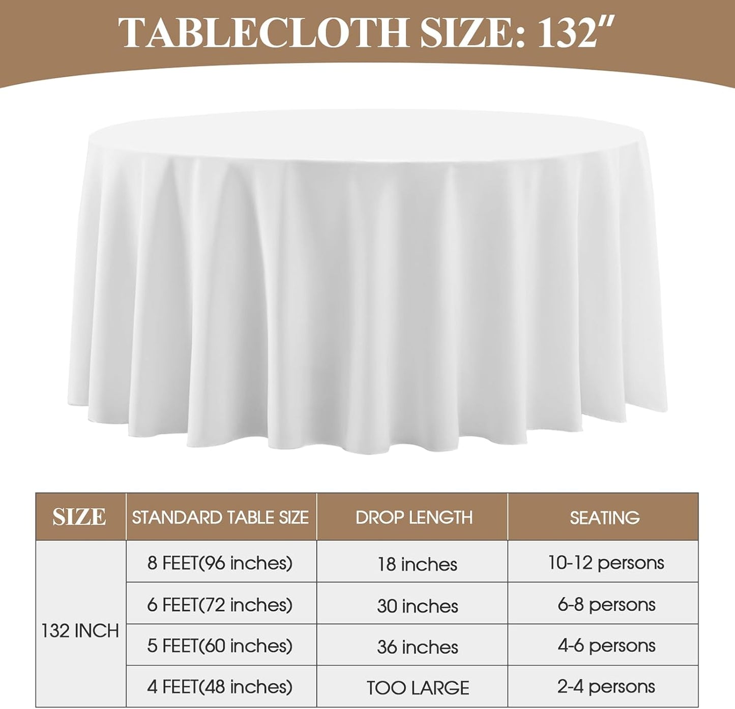 Round Tablecloth 132 Inch 2 Pack White Tablecloths Washable Decorative Linen Polyester Table Clothes Cover for Dining Table Banquets Buffet Parties and Wedding