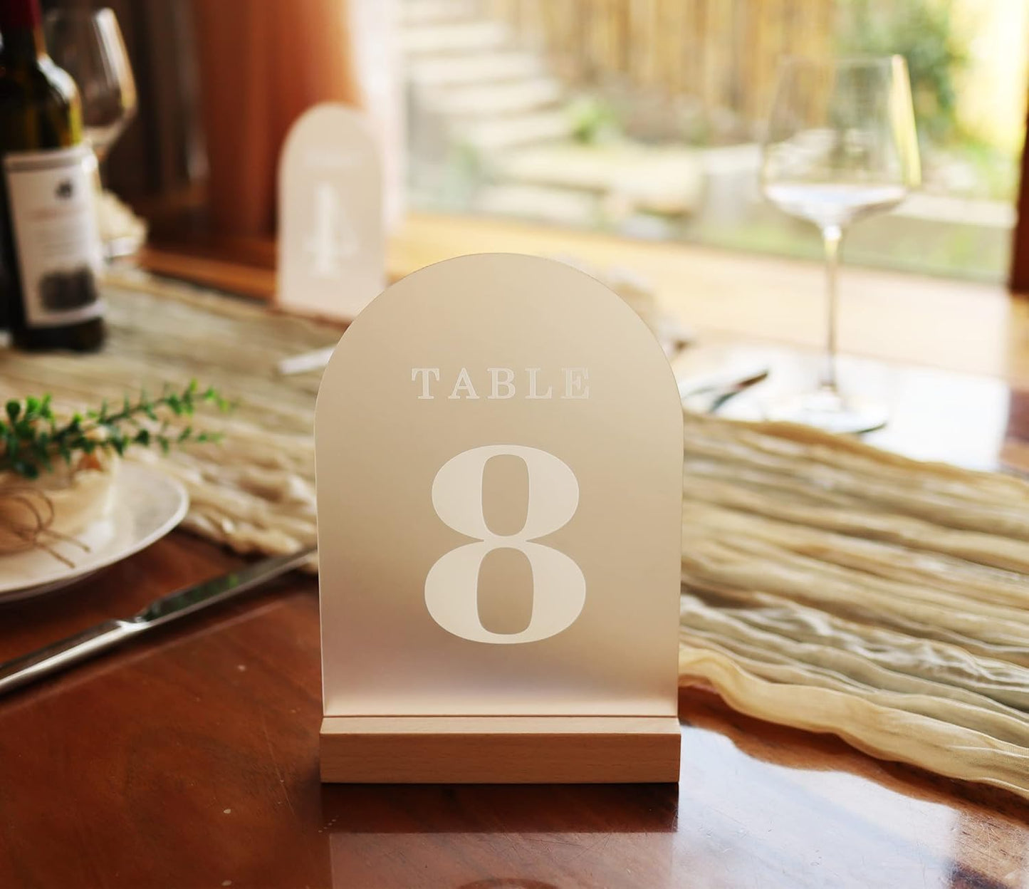 Wedding Table Numbers 11-15, Acrylic Arch Signs with Natural Wood Stands Holders, Rustic Table Decor for Reception & Parties (Frosted White)