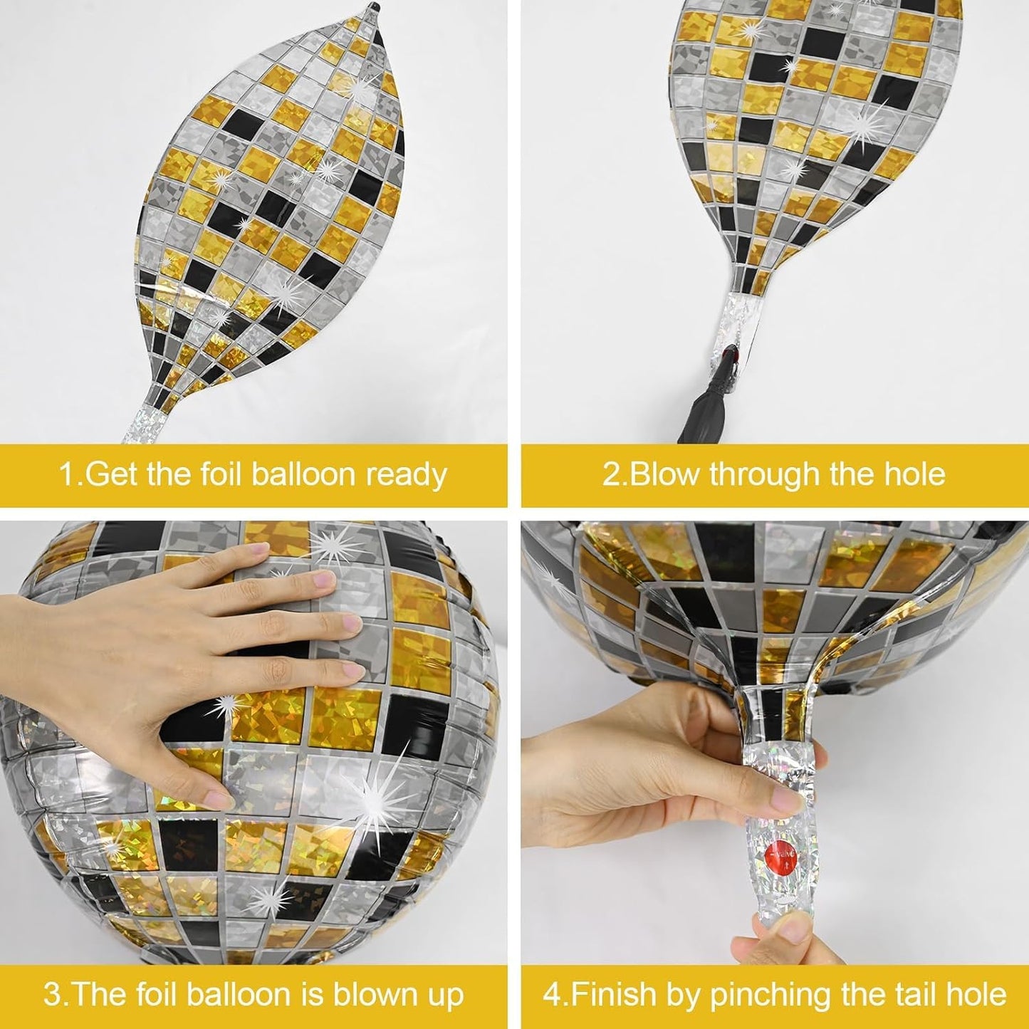 Iridescent Disco Ball Balloons 4PC,Foil Disco Balloons 22 Inch 4D Round Balloon for 70s 80s Birthday Bachelorette Graduation Decorations