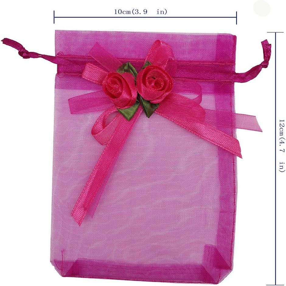Ankirol 50pcs Sheer Organza Favor Bags For Wedding 3.8x4.8'' Gift Bags Samples Display Drawstring Rose Pouches (hot pink)