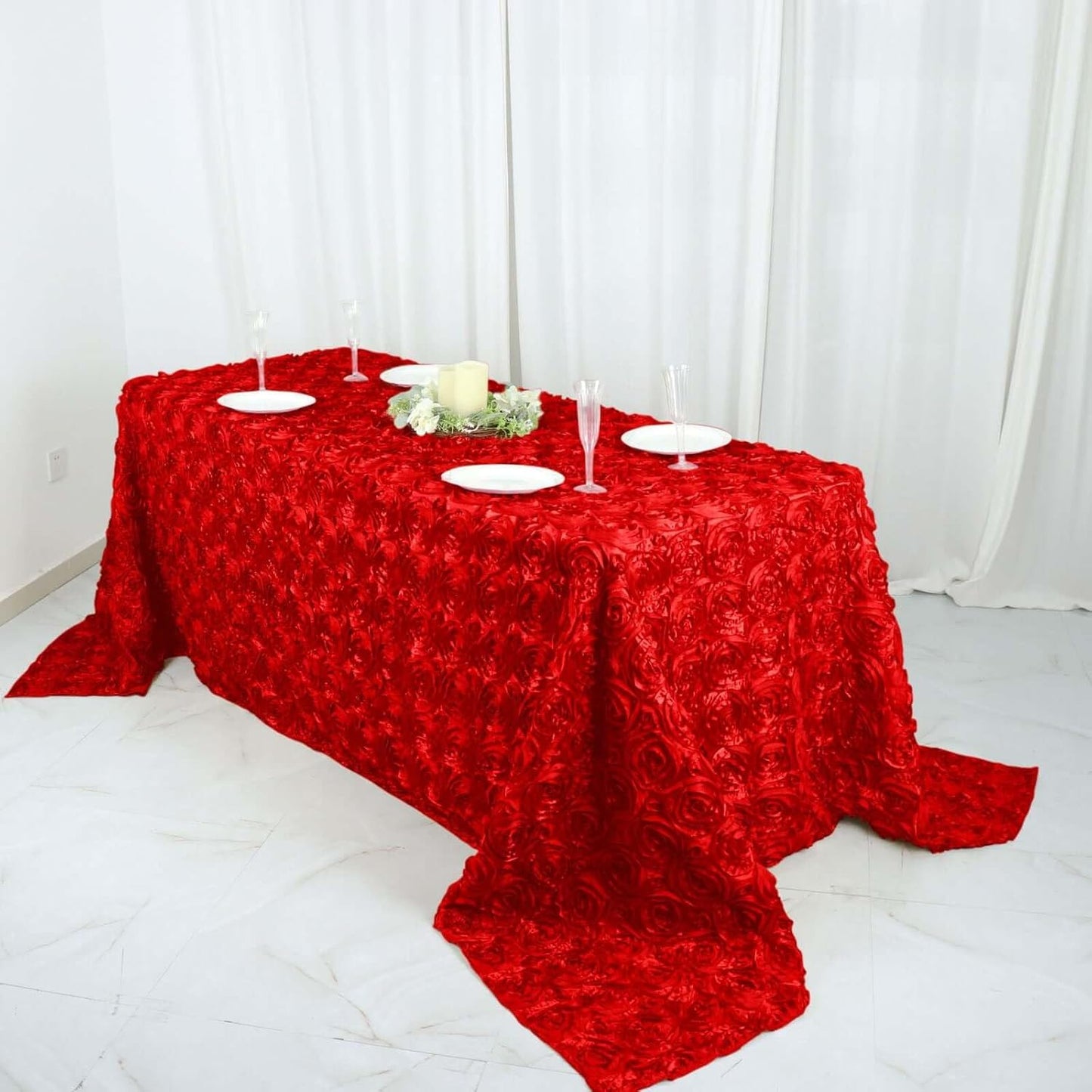 Efavormart 90"x132" Wholesale Rectangle Table Cover RED Grandiose Rosette 3D Satin Tablecloth for Wedding Party Event Decoration