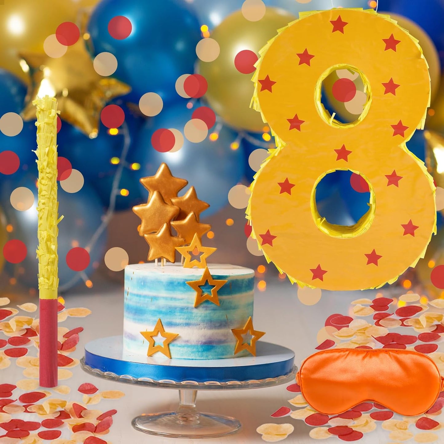 Orange and Red Star Number 8 Pinata, 16 Inch Piñata for 8th Birthday Party Decorations with Stick, Blindfold and Confetti (15.7 inch Number 8 Pinata)