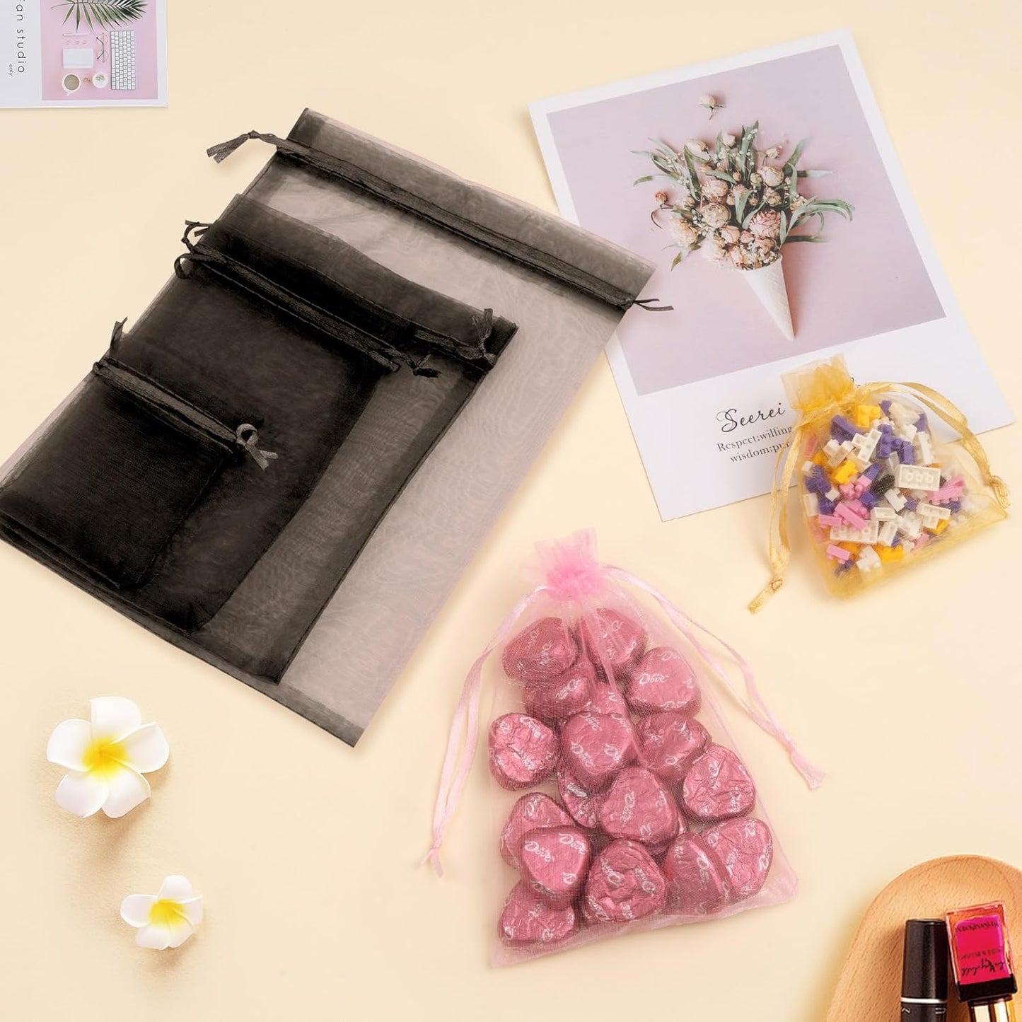 50 Pcs Organza Bags 6x9 Inch, Mesh Gift Bags Mesh Bag Drawstring Pouch Bag for Jewelry Candy Party Favor (Black)