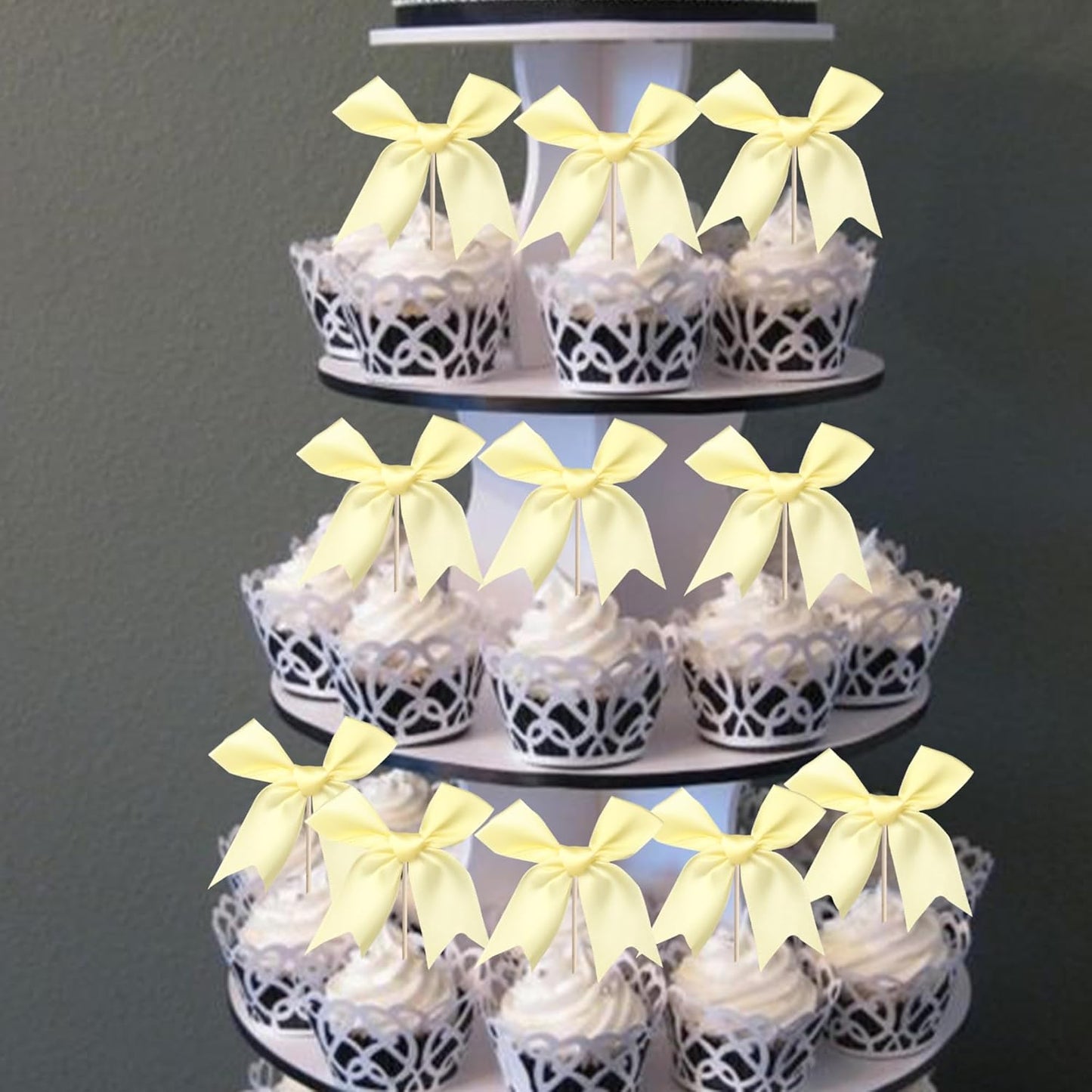 24 PCS Bow Cupcake Toppers Bow Cupcake Picks Bowknot Birthday Party Decorations Bowknot Cake Dessert Picks for Baby Shower Birthday Wedding Bridal Engagement Party Cake Decorations Supplies Yellow