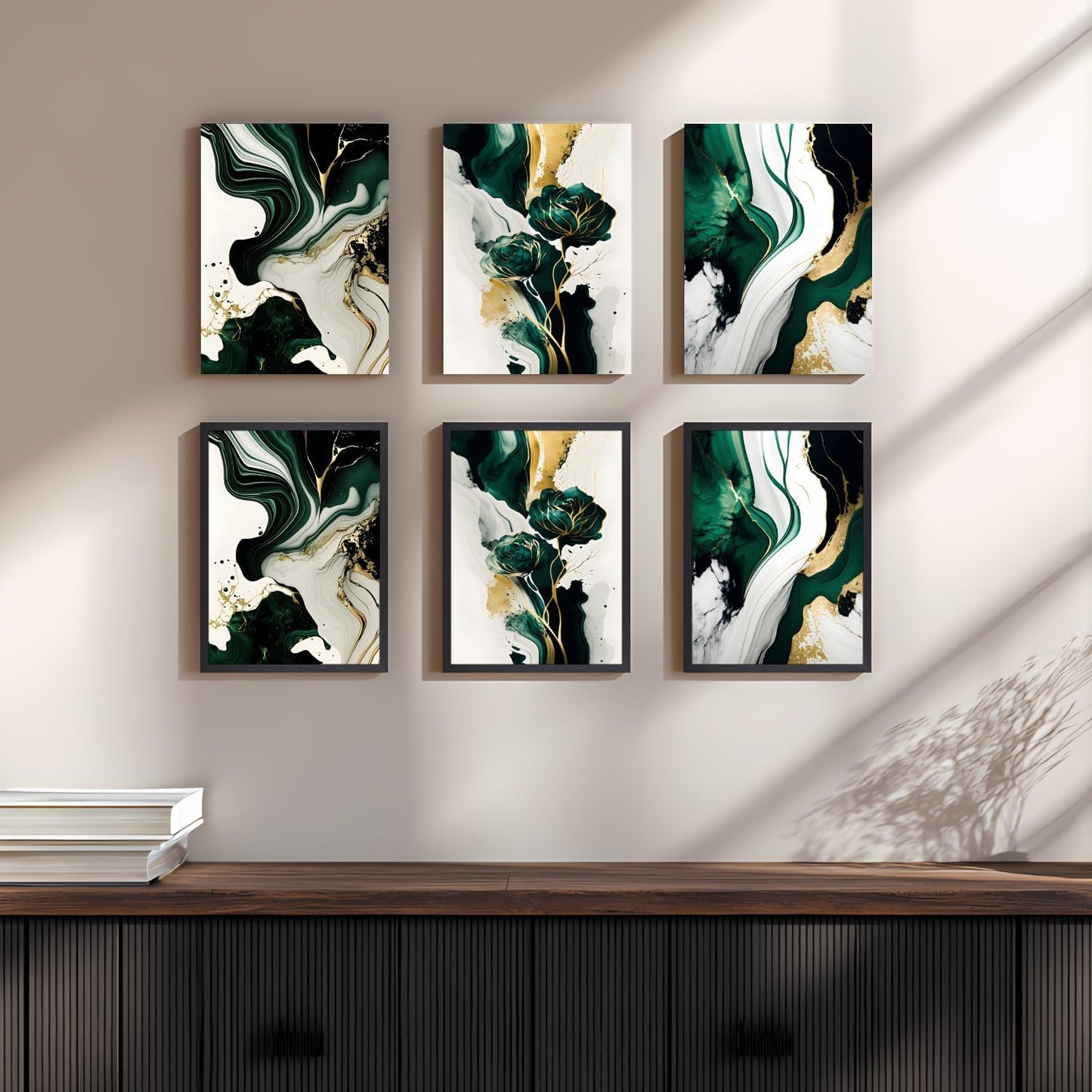 IAFWZX Wood Framed Green Gold Abstract Wall Art, Emerald Marble Textured Wall Decor, Contemporary Line Flower Canvas Paintings, Abstract Floral Poster Prints for Living Room Bedroom Office 12"x16"x3