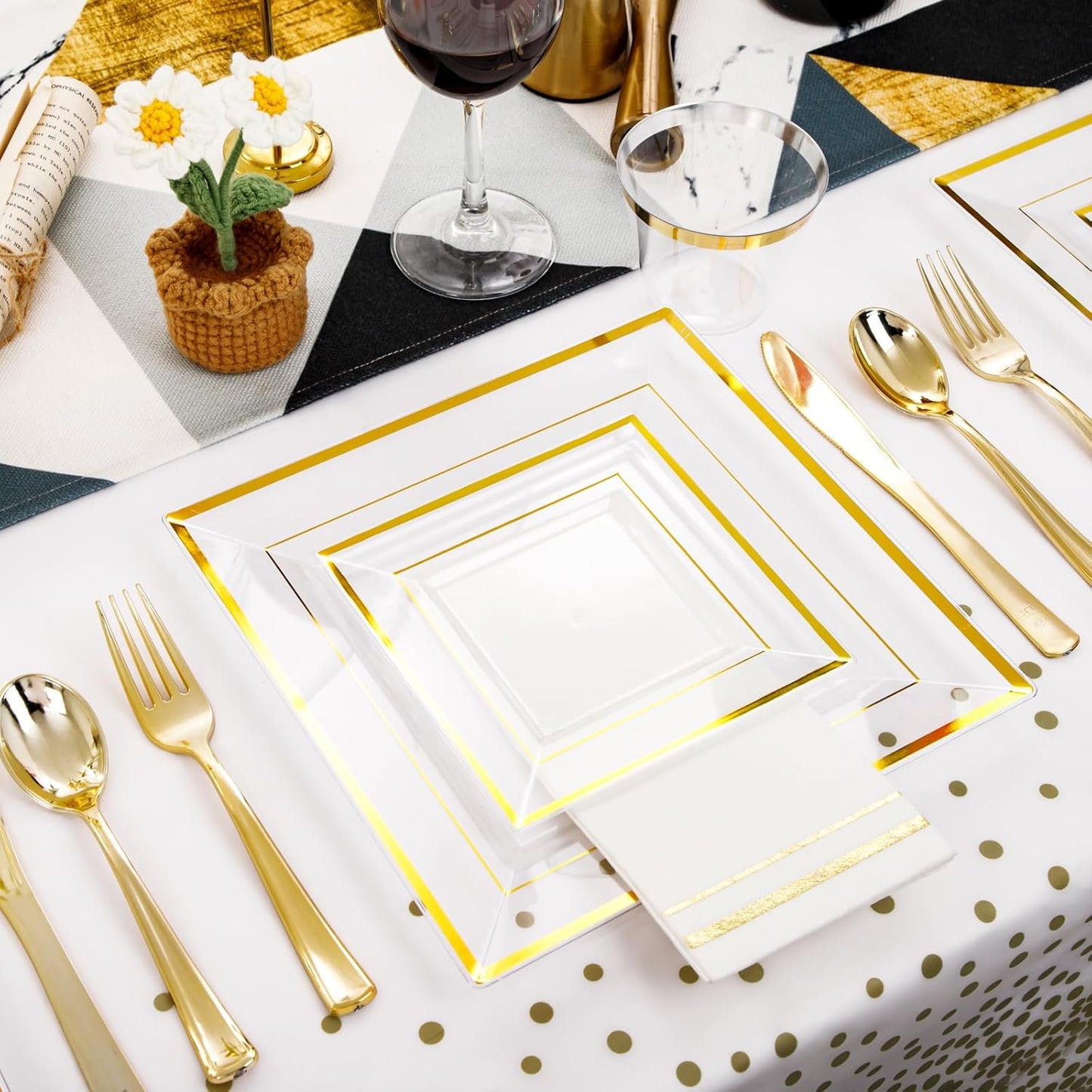 Festiva 176Pcs Clear and Gold Plastic Plates - Square Clear Plates with Gold Trim - Dinnerware Set for 25Guest include Cups Cutlery Napkins for Thanksgiving Party&Wedding&New Year