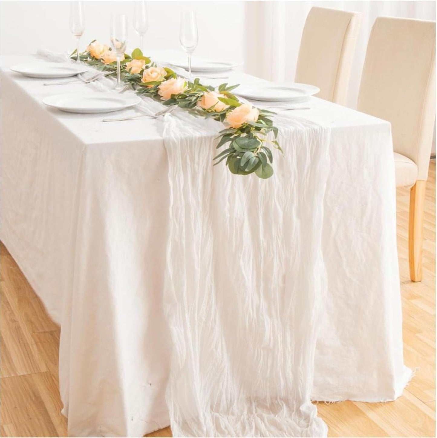 8 Pack 10Ft Cheesecloth Table Runner 35x120 inch White Boho Gauze Long Table Cloth Wrinkled Sheer for Wedding Bridal Shower Birthday Party Table Decor