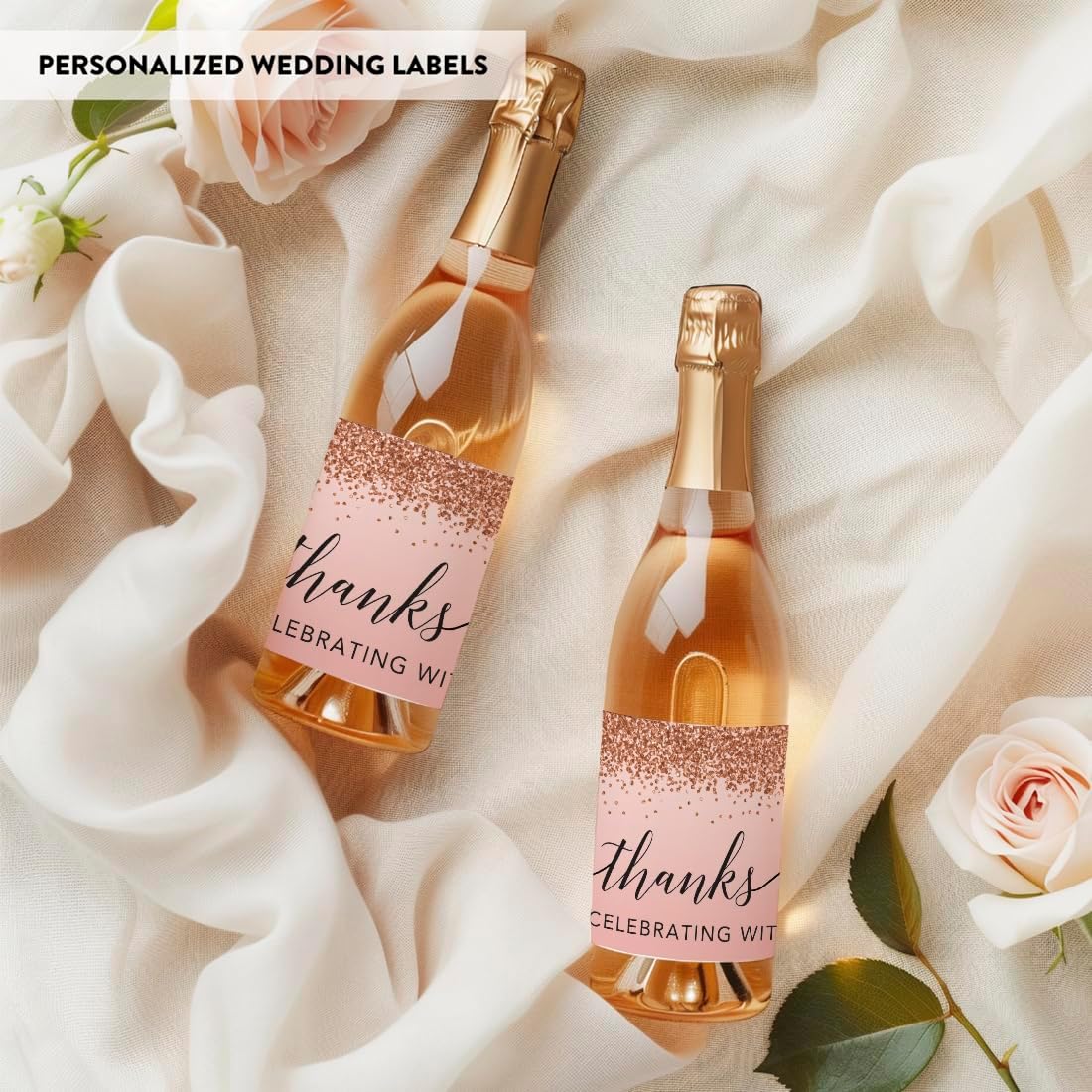 Andaz Press 20-Pack Mini Wine Labels for Bottles, Blush Pink Faux Rose Gold Glitter, Thanks for Celebrating with Us, 3x2 Inch, Glossy, 20 Count