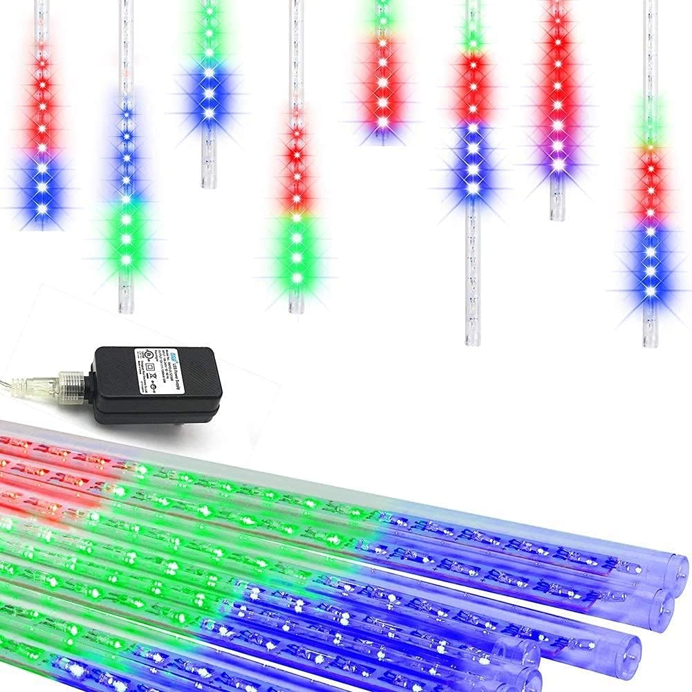 Meteor Shower Lights UL Certified 192LEDs 8 Tubes Falling Rain Drop Christmas Icicle Cascading Lights for Xmas Tree Halloween Decorations Wedding Party Holiday Garden Decor, Multicolor