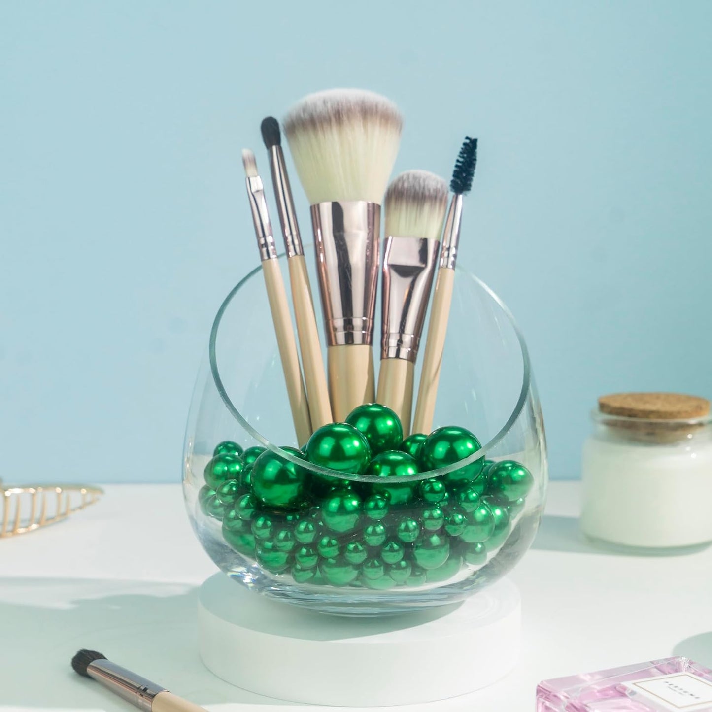 300Pcs Green Polished No Hole Faux Pearl Beads for Vase Filling Decorations, Plastic Pearls Vase Fillers, Table Scatters, Wedding Centerpiece, Home Decor, 8/14/20 mm