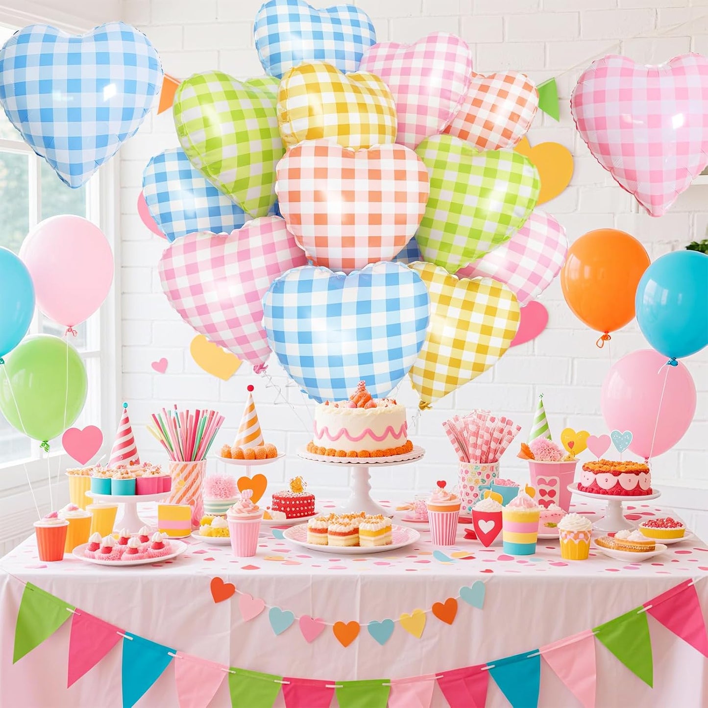 Colorful Checkered Heart Balloons,12Pcs 18Inch Rainbow Grid Heart Shaped Foil Helium Polyester Film Balloons for One Silly Goose Birthday Baby Shower Party Decorations