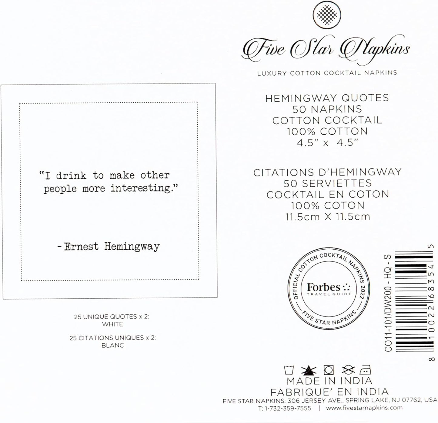 Five Star Napkins Hemingway Quotes, White Cotton Cocktail Napkins, Beverage Napkins, Bar Napkins, Cloth Napkins, Party Napkins, Events, Holidays, Weddings, Birthdays, Disposable, 4.5" x 4.5"- (50x)