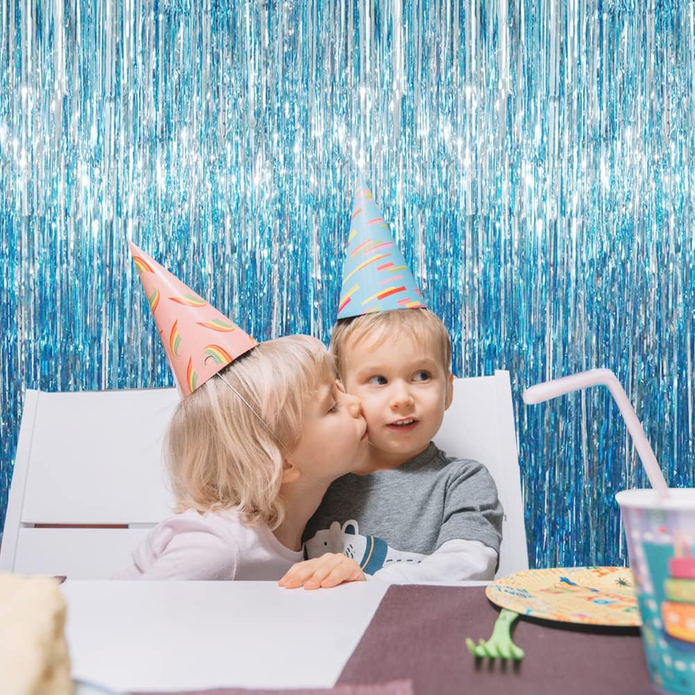 GOER 3.2 ft x 8.2 ft Metallic Tinsel Foil Fringe Curtains Party Photo Backdrop Party Streamers for Birthday,Graduation,New Year Eve Decorations Wedding Decor (4 Packs,Blue)