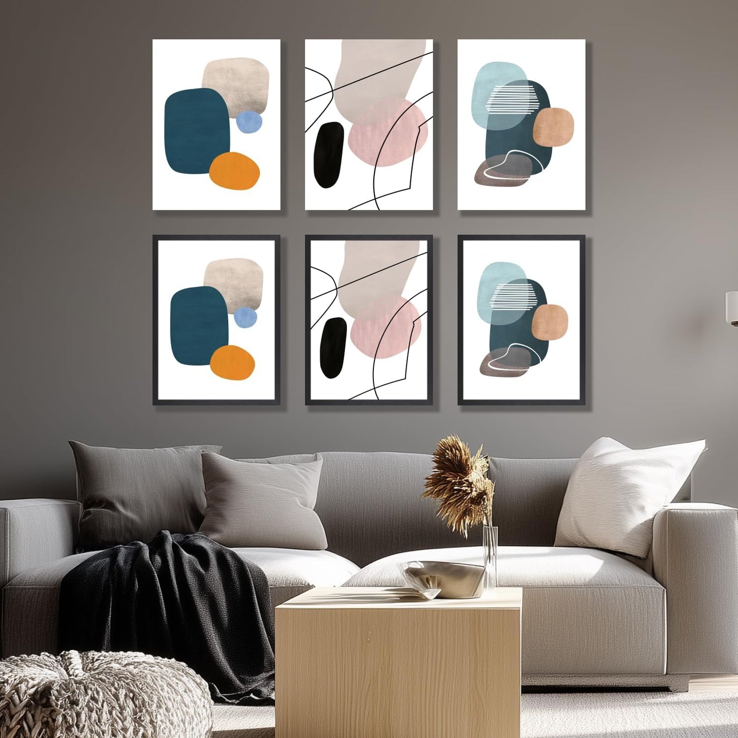 IAFWZX Wood Framed Abstract Geometric Wall Art, Orange Blue Beige Color Block Wall Decor, Modern Minimalist Canvas Painting, Neutral Boho Colorful Geometric Aesthetic Picture for office 12"x16"x3