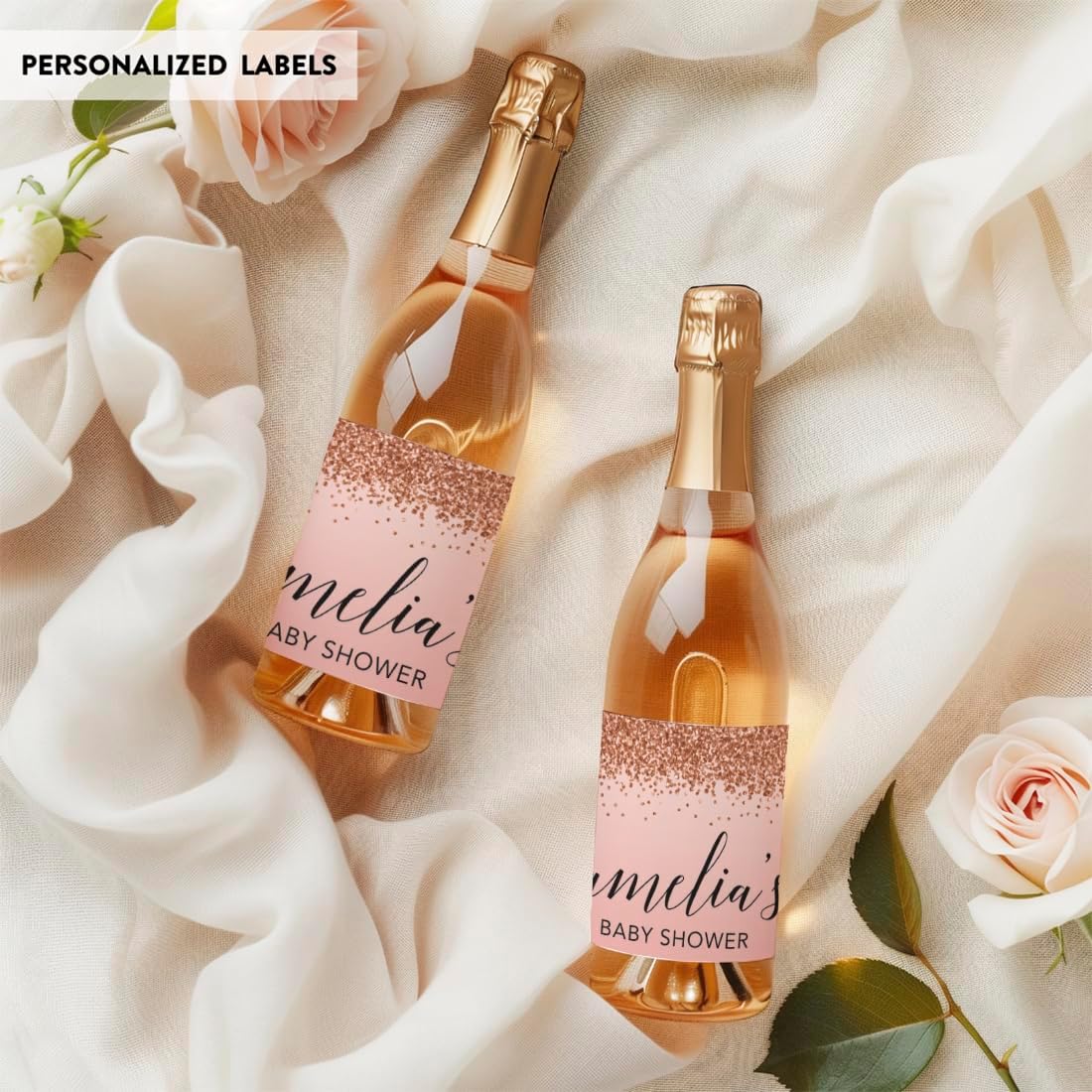 Andaz Press Personalized Mini Champagne Wine Bottle Labels, Amelia's Baby Shower, Blush Pink Faux Rose Gold Glitter Elegant, 20-Pack, Custom Party Favor Gift Label Stickers Baby Shower