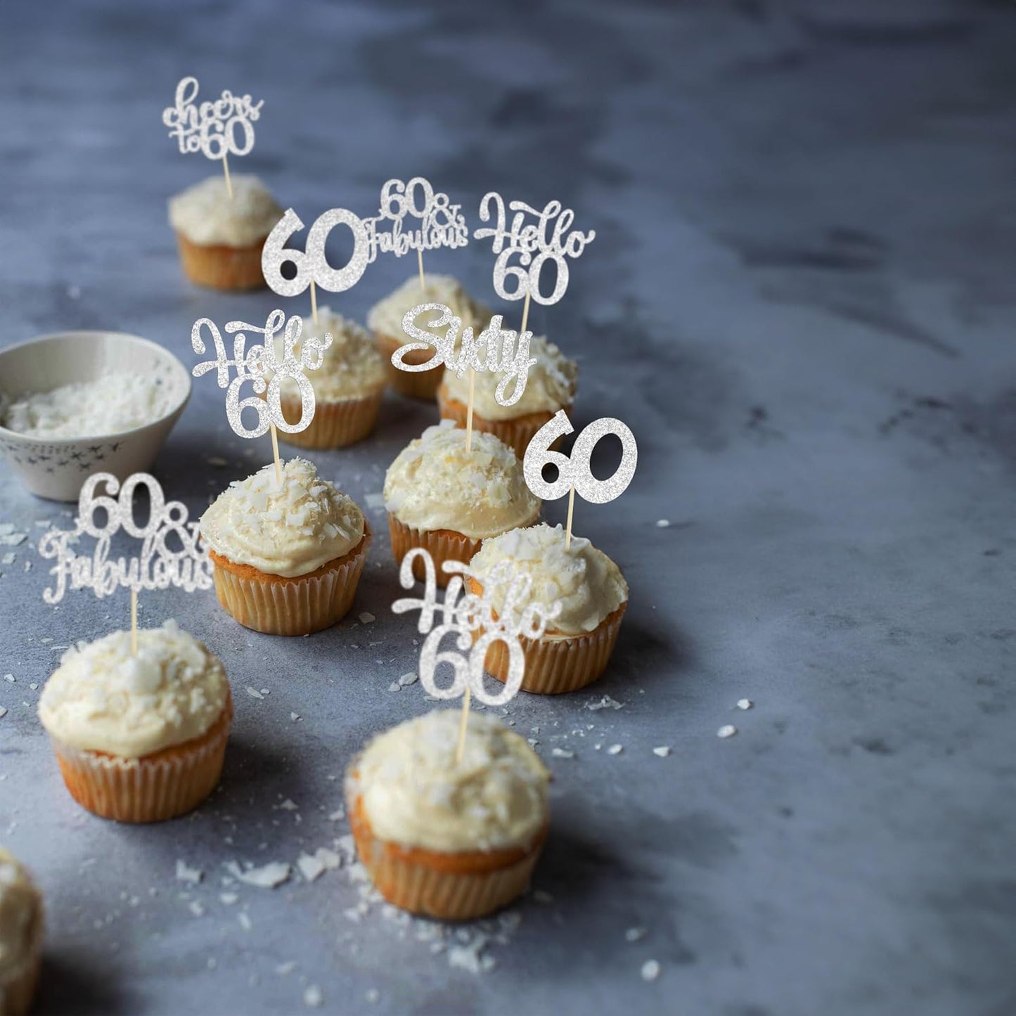 30Pcs Happy 60th Birthday Cupcake Toppers Silver Glitter Sixty Cake Toppers Cheers to 60 Years Old Birthday Cupcake Picks for 60th Birthday Anniversary Party Cake Decorations Supplies