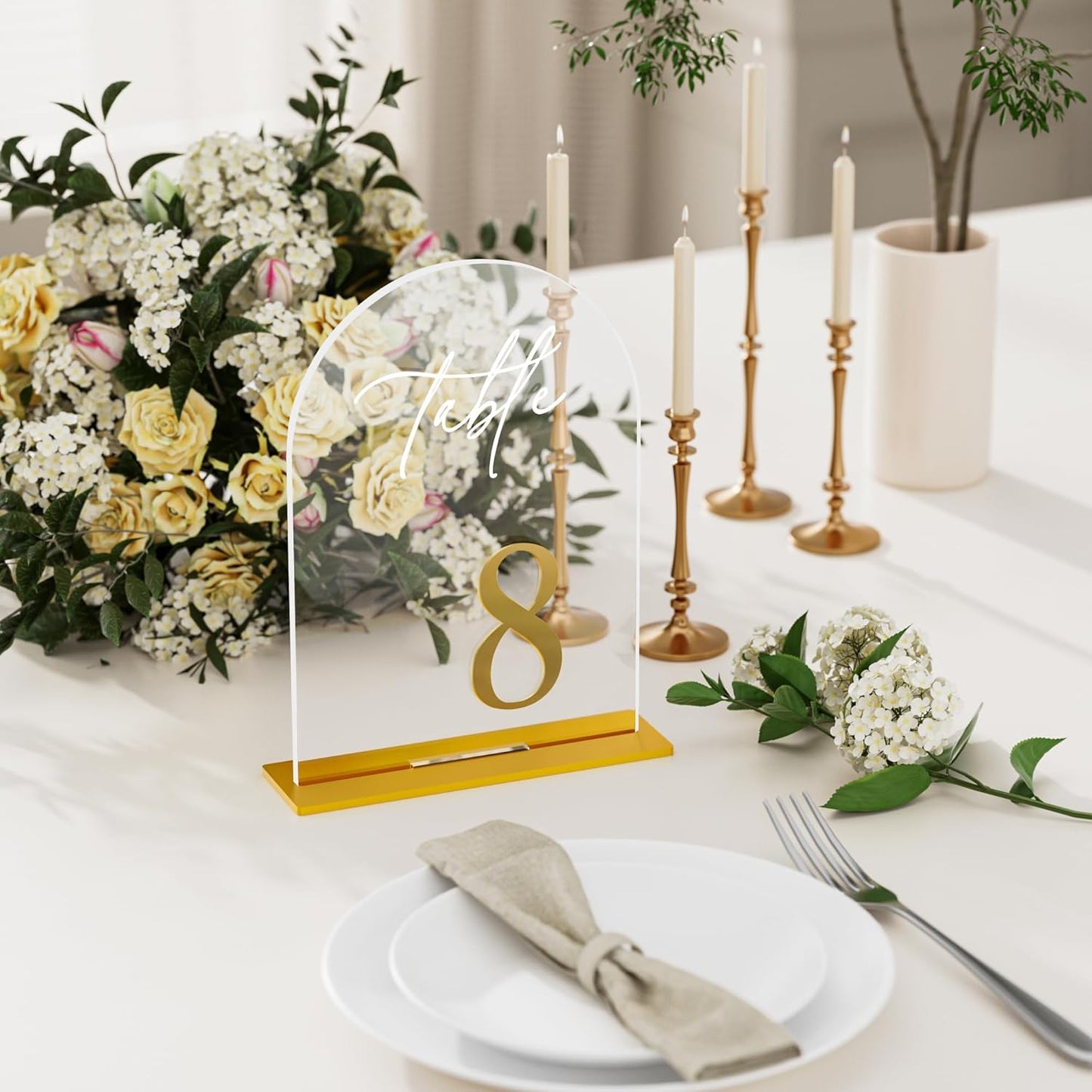 Arch Wedding Table Numbers 1-15 with Stands, Elegant Gold Number 5.5 x 7” Arch Acrylic Signs with Holder, Clear Acrylic Table Numbers for Wedding Reception, Anniversary, Party, Events