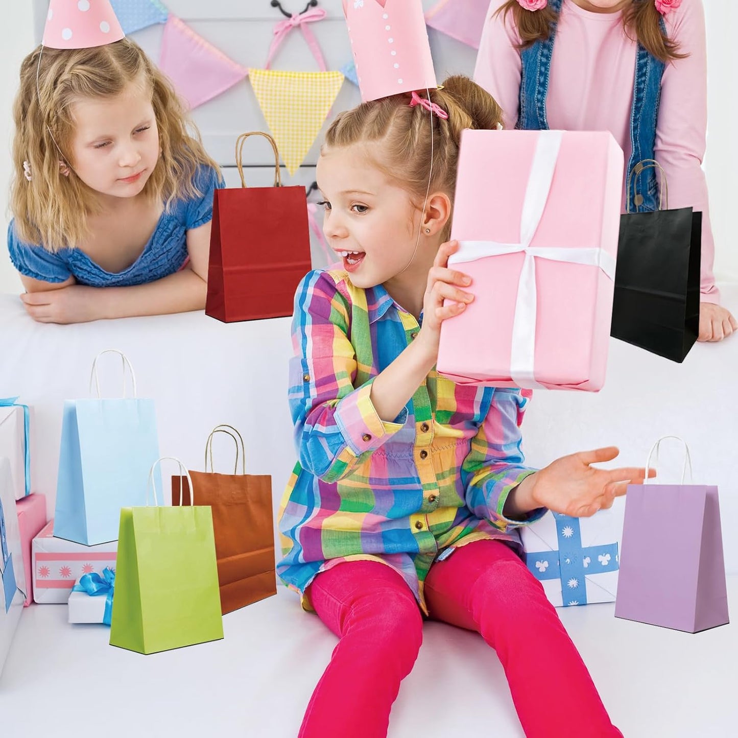 BAG BOX 50 Pack Small 5.9x3.1x8.25 Inch Blue Kraft Paper Gift Bags with Handles for Bulk Shopping, Retail, Craft, Party Favors, Wedding, Grocery & Sacks