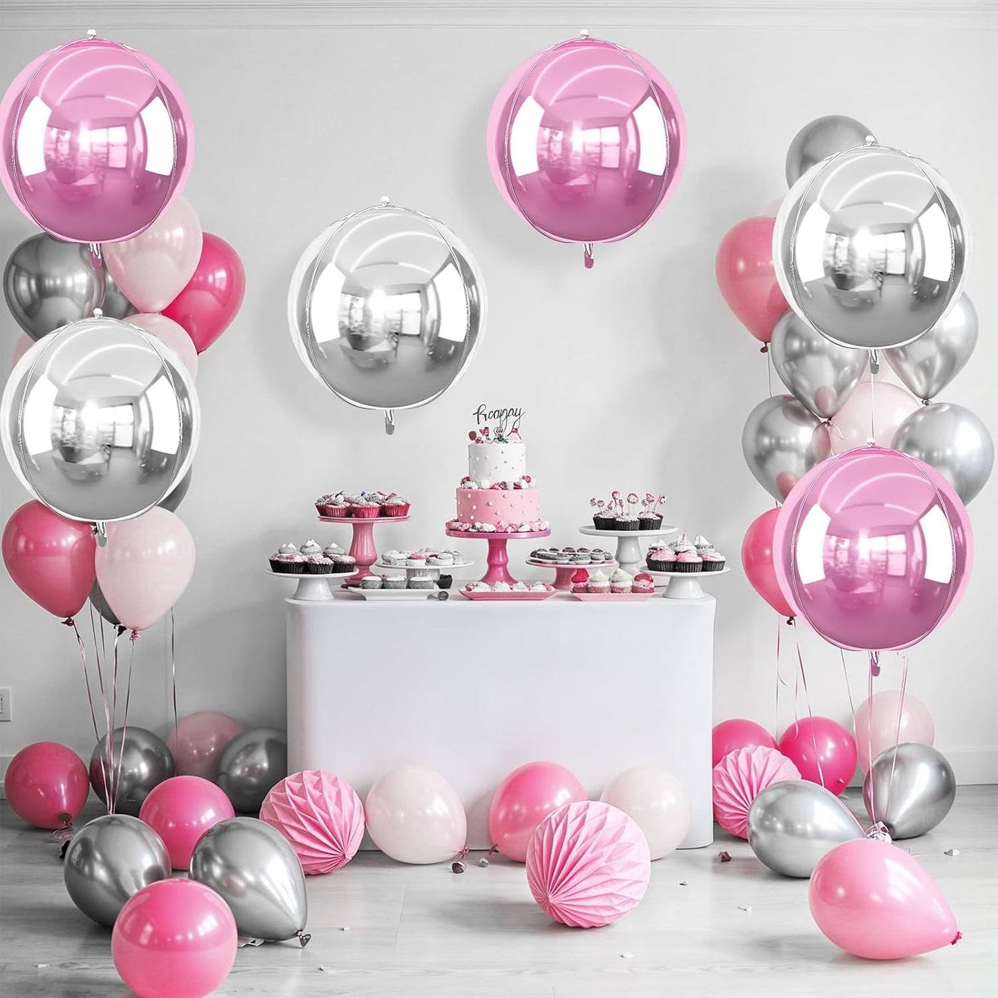 6Pcs Pink Silver Round Foil Balloons, 22inch 4D Metallic Silver Pink Balloons, Large Round Foil Ball Balloon for Girls Women Birthday Anniversary Baby Shower Wedding Party Backdrop Decorations