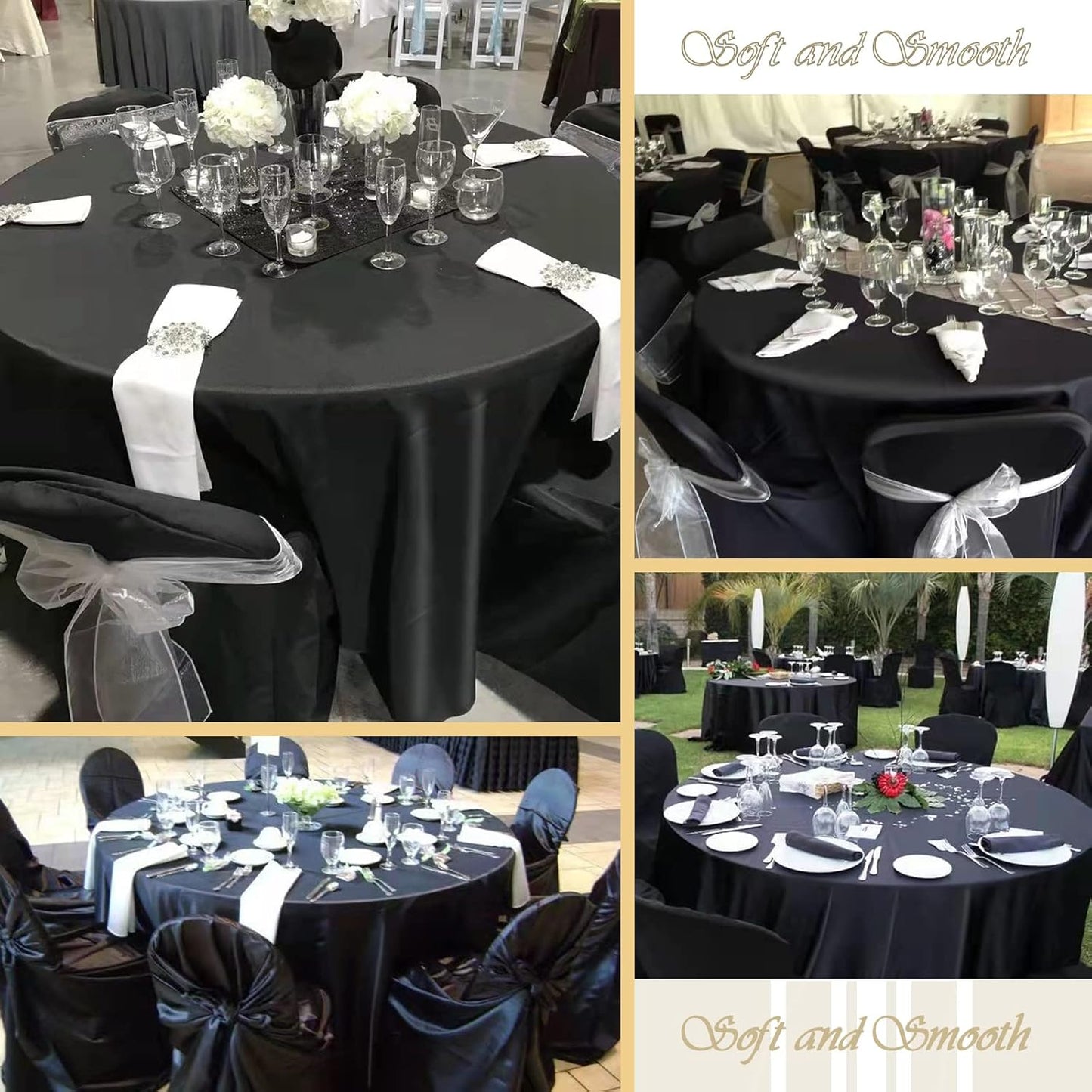fani 12 Pack 120 Inch Black Satin Tablecloth - Premium Bright Silky Round Tablecloth Overlay Smooth Fabric Table Cover, Table Decoration for Wedding Party Banquet Events Restaurant Kitchen Dining