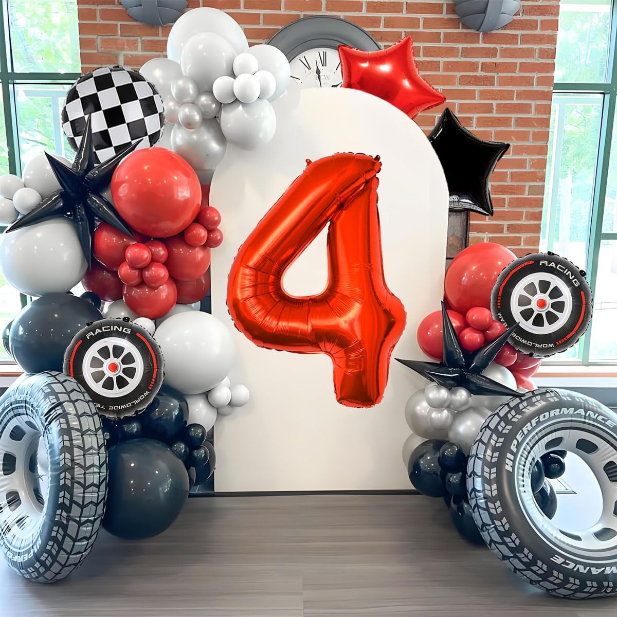 Race Car Birthday Decorations - 40 Inch Mylar Red Number 4 Balloons - Black Foil Checkered Race Car Balloons for 4st Birthday Race Cars Themed Party Decorations Supplies
