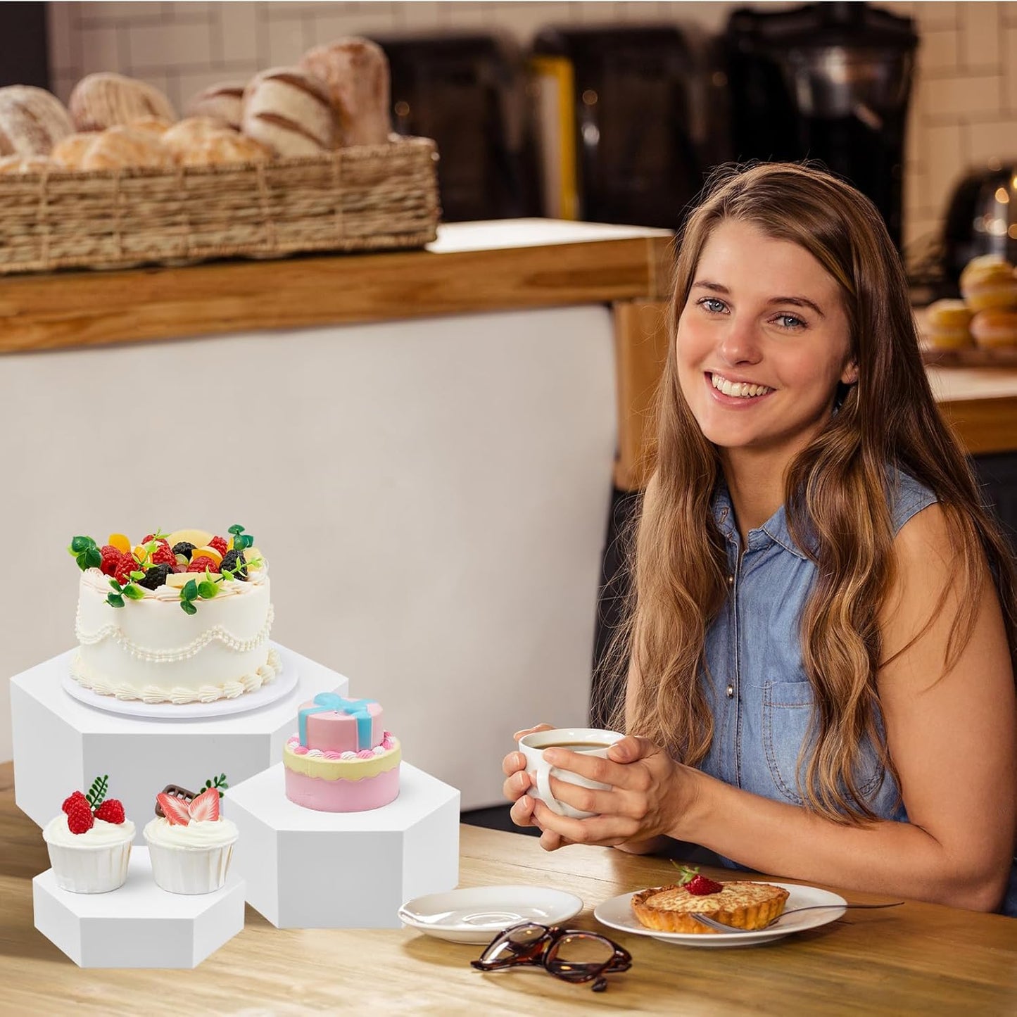 Leinuosen 7 Pcs Large Buffet Risers Set 6" to 12" Acrylic Display Box Catering Dessert Table Riser Food Display Decorative Stand with Hollow Bottom for Catering Supplies(White, Hexagonal)